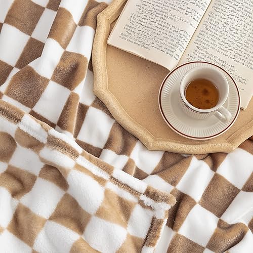 Miniatura 4 de LOMAO Manta de franela con patrón de cuadrícula de ajedrez, suave, lujosa, cálida y acogedora para sofá y cama, para todas las estaciones (caqui, 40