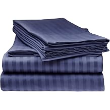 Queen Size 100% Supima Cotton 600 Thread Count 4-Piece Sheet Set Bedding Sheets and Pillowcases Queen Size 60x80 Mattress Fits 10-12 Inch Deep Pockets Stripe, Navy Blue