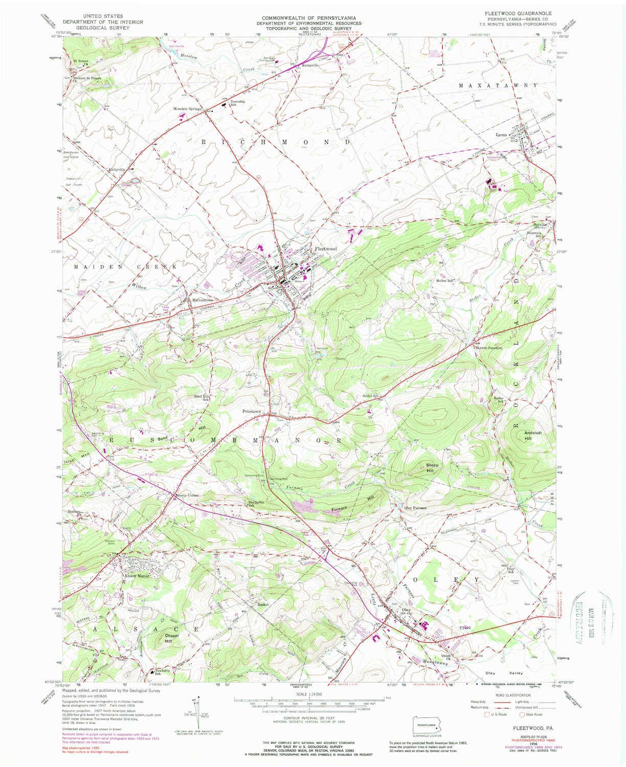 YellowMaps Fleetwood PA topo map, 1:24000 Scale, 7.5 X 7.5 Minute, Historical, 1956, Updated 1988, 27 x 22.1 in - Polypropylene