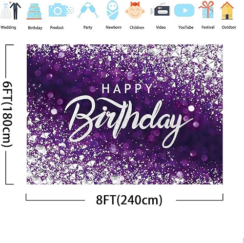 Miniatura 4 de SVBright Telón de fondo morado para fiesta de feliz cumpleaños 8 pulgadas de ancho x 6 pulgadas de alto diamante plateado brillante elegante cristal