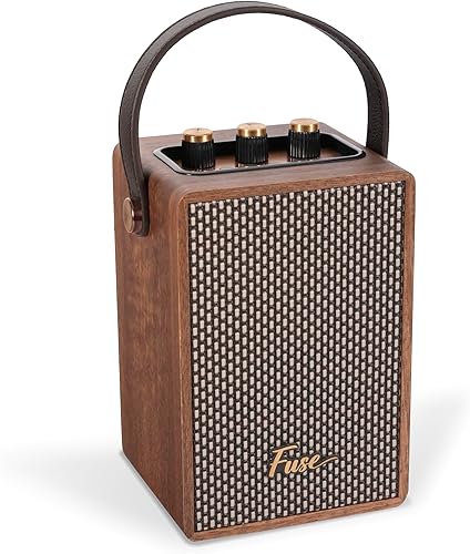 Fuse Andle - Altavoz Bluetooth retro vintage con mango de cuero vegano, altavoz portátil con conexión para teléfono inteligente, entrada USB y AUX,