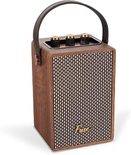 Fuse Andle Vintage Retro Bluetooth Speaker with Vegan Leather Handle | Portable Speaker with Smartphone Connection | USB & AUX Input | Stylish Brown Wood Exterior