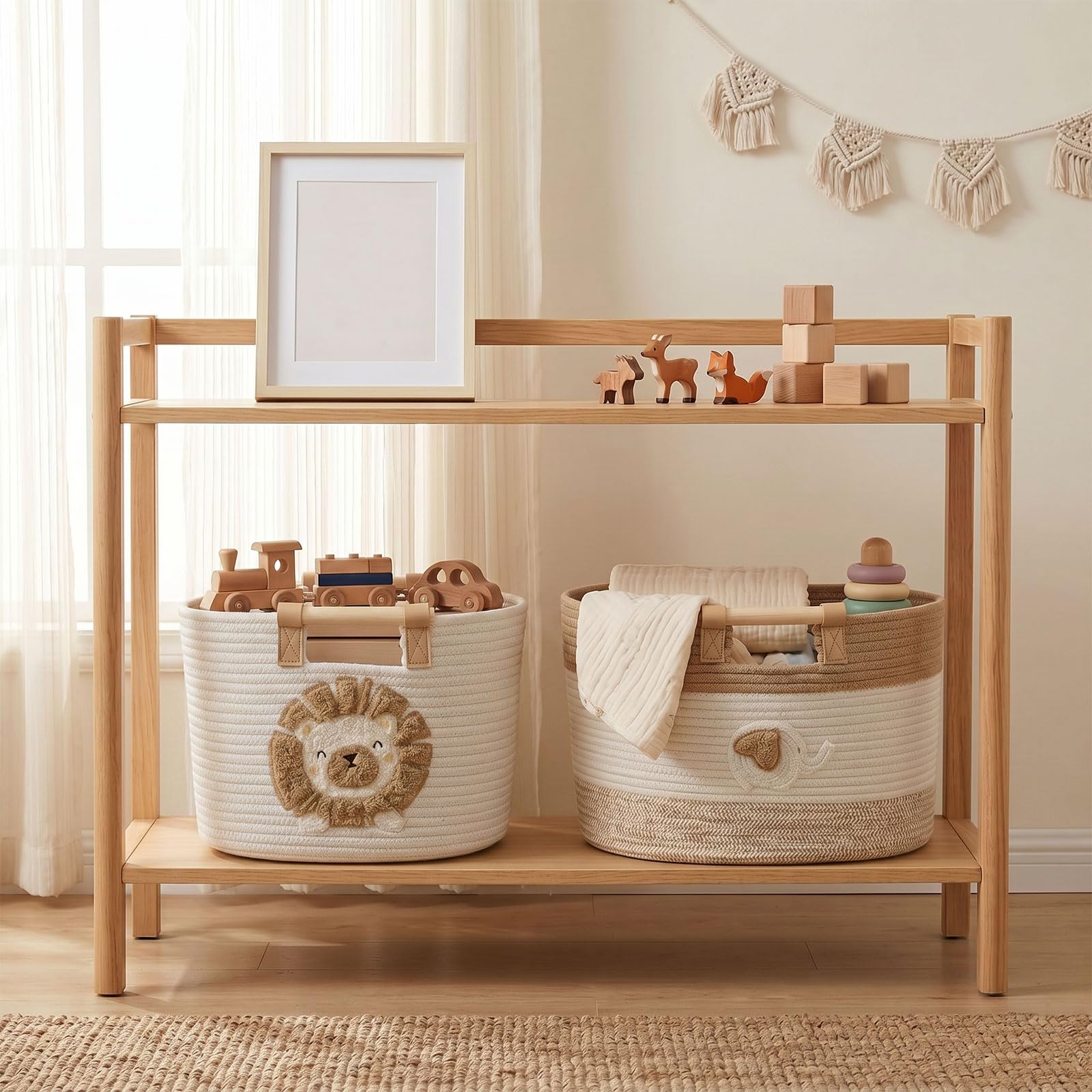 Cesta de almacenamiento de algodón, cesta trenzada con asas de madera, cestas decorativas lavables, cestas organizadoras multifuncionales para salón, baño y estantes (blanco/grande)