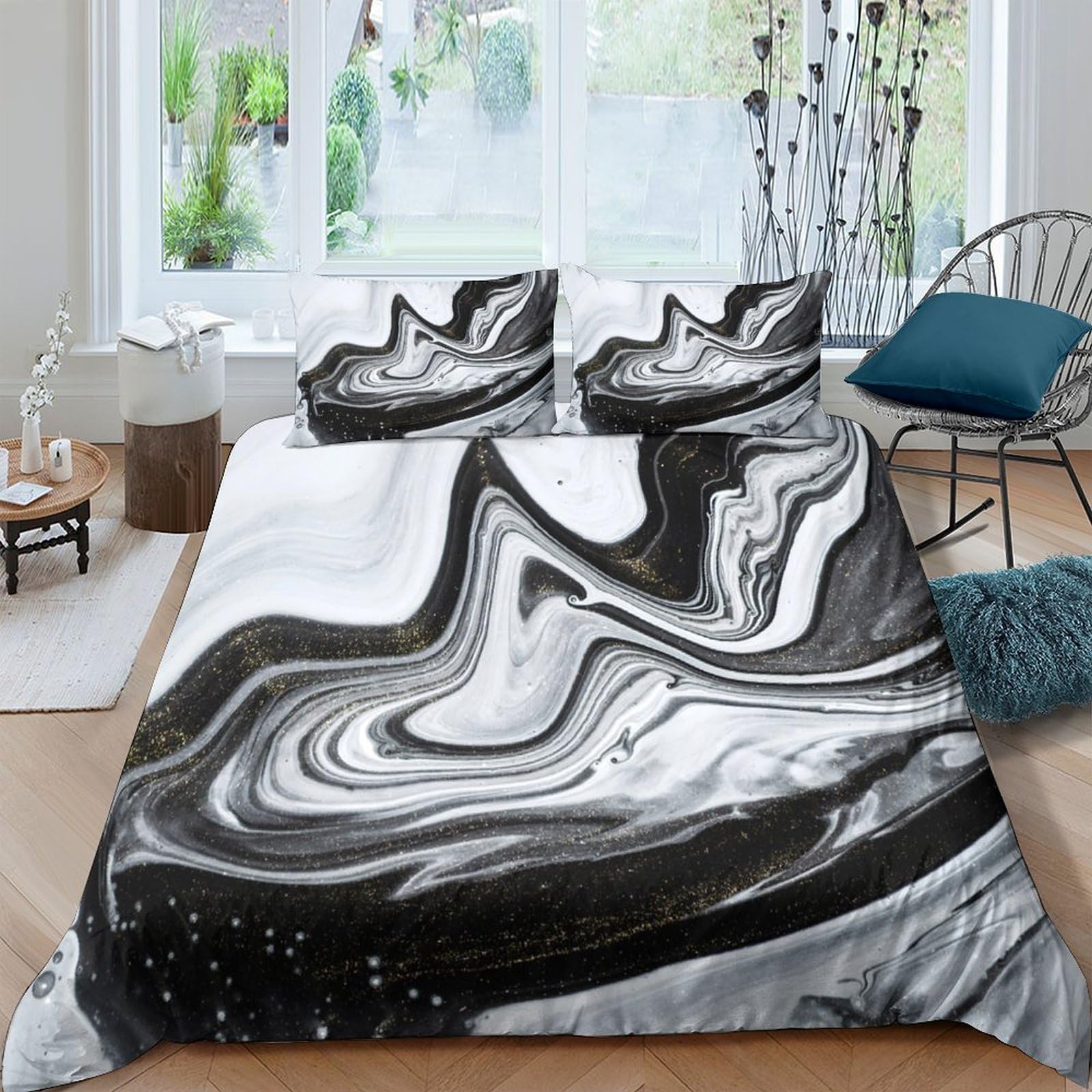 Ctjqhvkz Style-4 3D Printed Marble Wave Fitted Sheet Microfiber Black White Swirl Bed Cover For Bedroom Guest Room Decor Single（135X200cm）