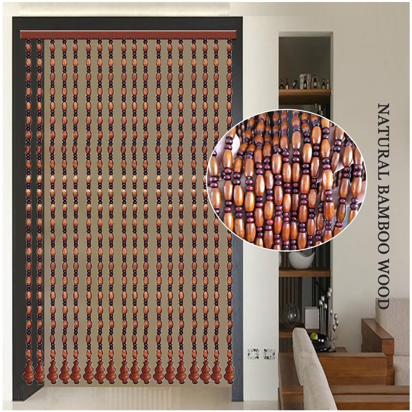 Rideau De Porte Perlé, Rideau De Perles À Brins pour Portes, Rideau De Perles en Bois De Bambou Naturel, Rideau pour Porte Décoratif Suspendu, Panneaux Anti-Mouches,60strands-120x190cm