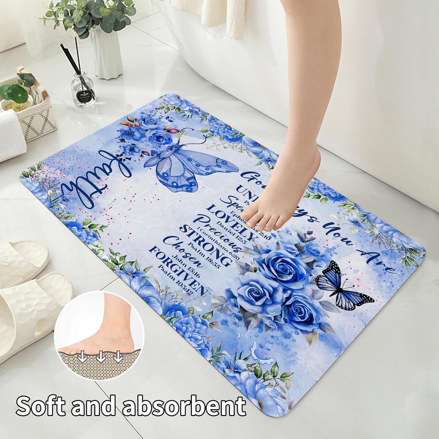 4 Pcs Blue Butterfly Inspirational Quotes Shower Curtain Set with Rugs, Toilet Lid Cover and Bath Mat, Bible Verse Floral Bathroom Decor Set Accessories, Colorful Boho Shower Curtain with 12 Hooks