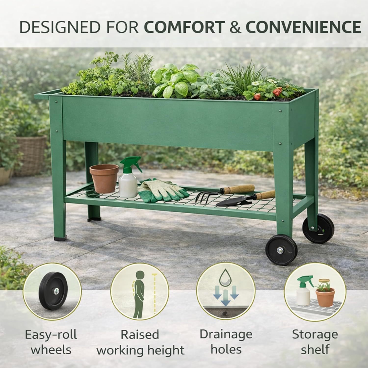 InSideOut Elevated 40" Raised Garden Bed Outdoor with Wheels & Shelf for Mobility, Metal Planter Box for Vegetables/Herbs, Patio-Balcony-Backyard (Sage Green)