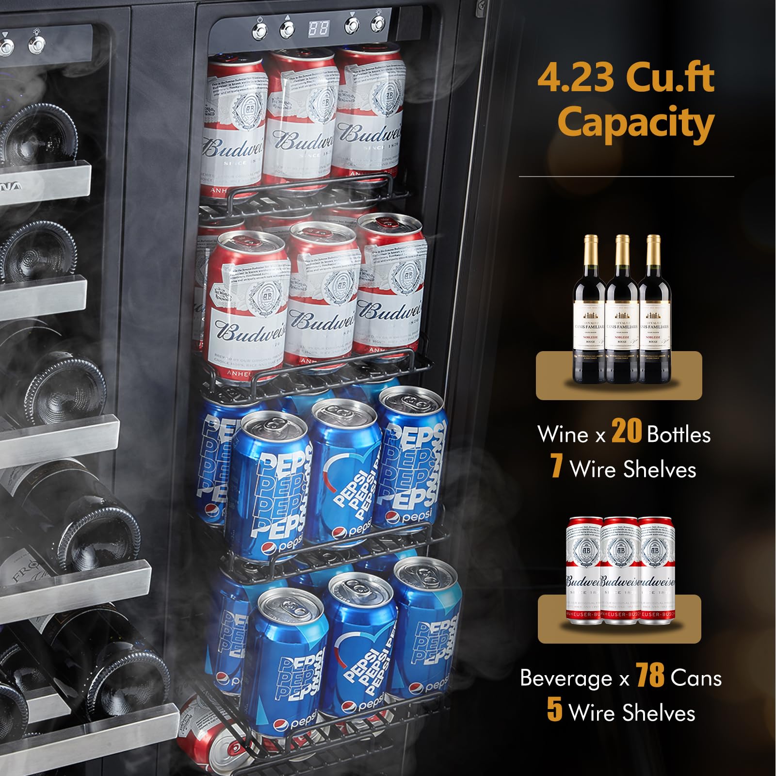 Phiestina Beverage Fridge, 24 Inch Wine And Beverage Refrigerator, Under Counter Wine Cooler- 20 Bottles & 76 Cans, Built-In/Freestanding Dual Zone With Glass Door on Fridge.com - View 5