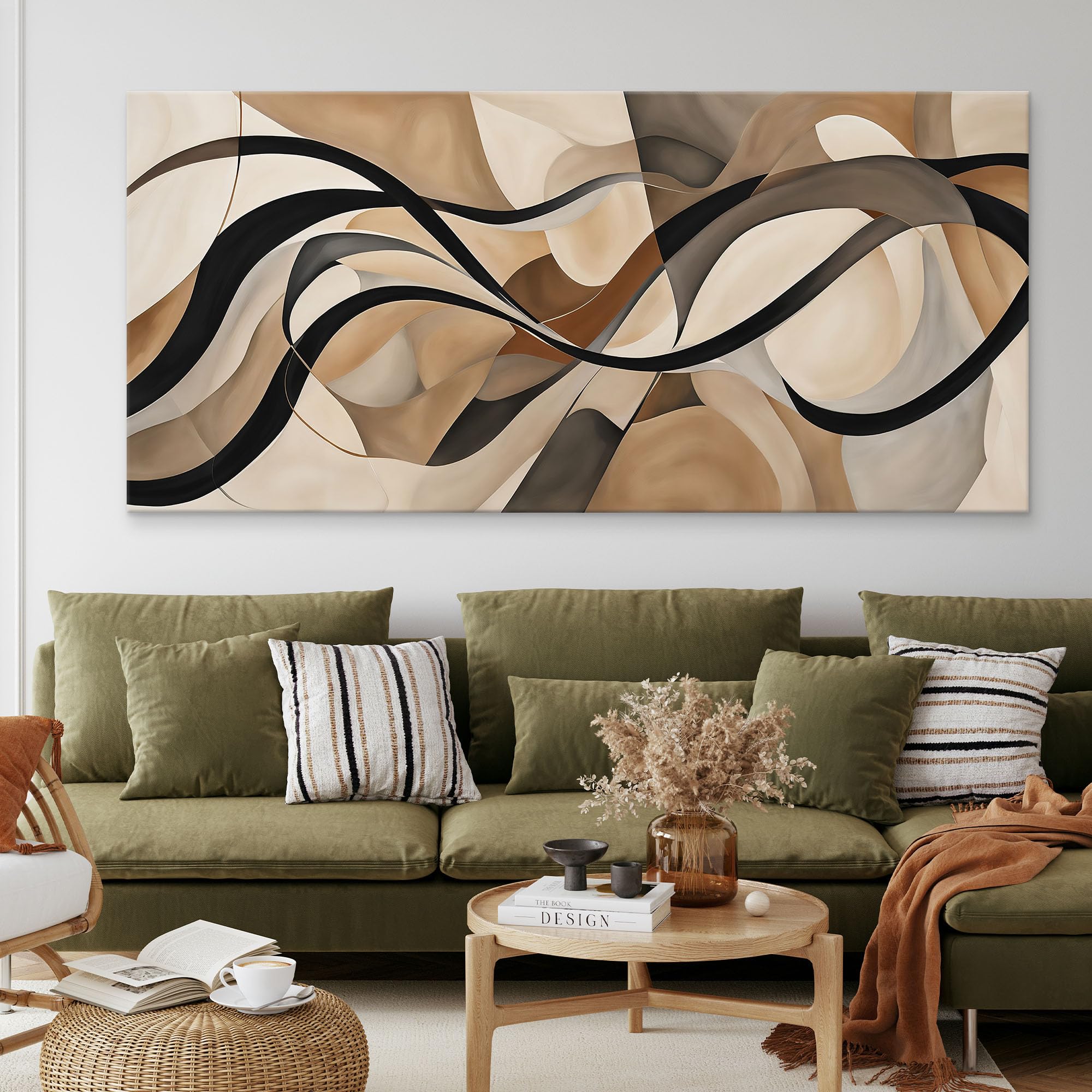 CheQuadro! Quadro astratto moderno per soggiorno, stampa su tela Curve Eleganti Beige e Marrone intelaiato pronto da appendere absh10-130x60 cm