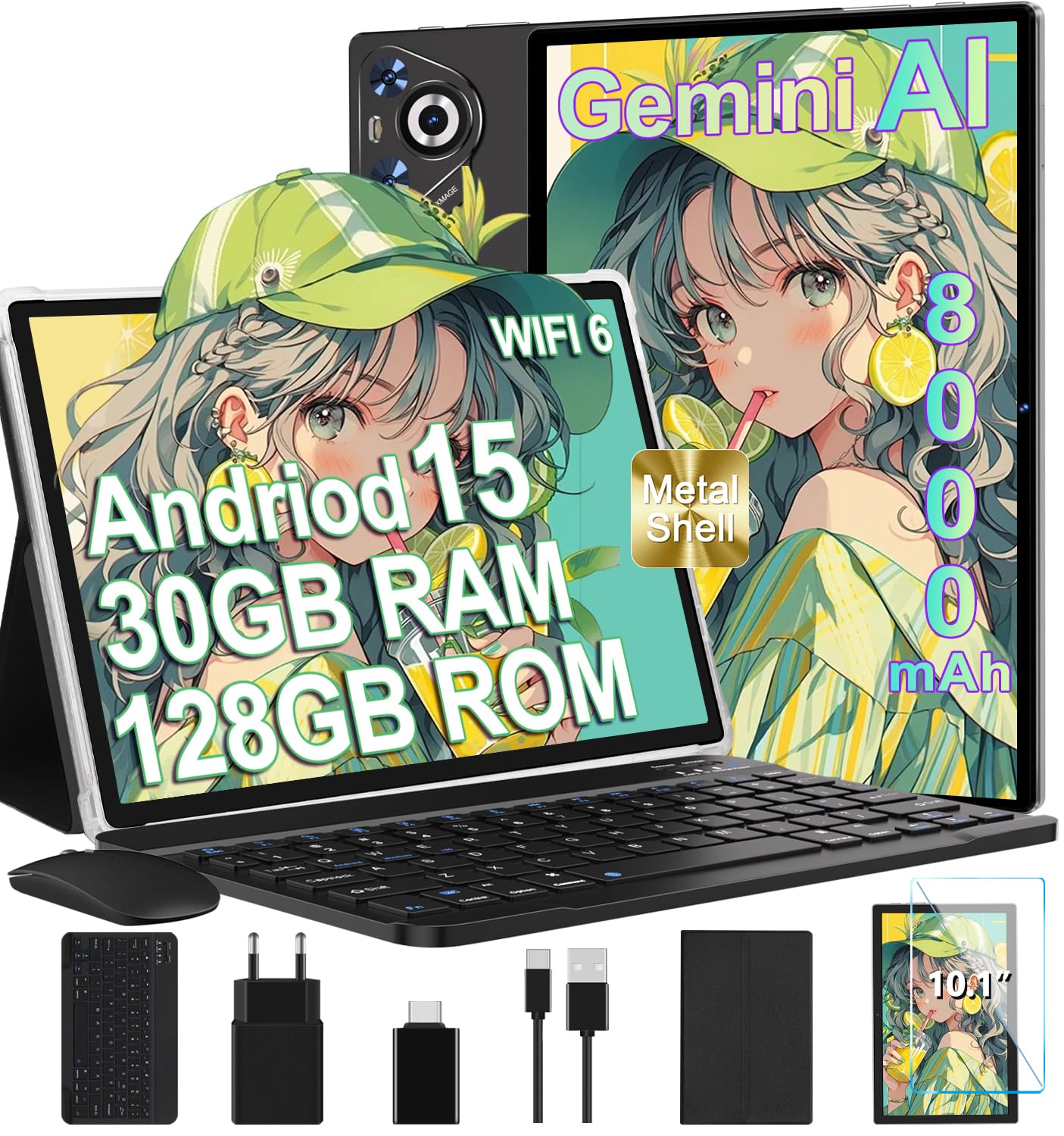 Tablet Android 15, 30GB RAM 128GB ROM(TF 2TB Espandibile), 10 Pollici, 8000mAh, WIFI 5G/ GPS/ BT5.0/ OTG, Face ID, Widevine L1, Tablets Corpo in Metallo con Tastiera, Mouse, Custodia Protettiva -Nero