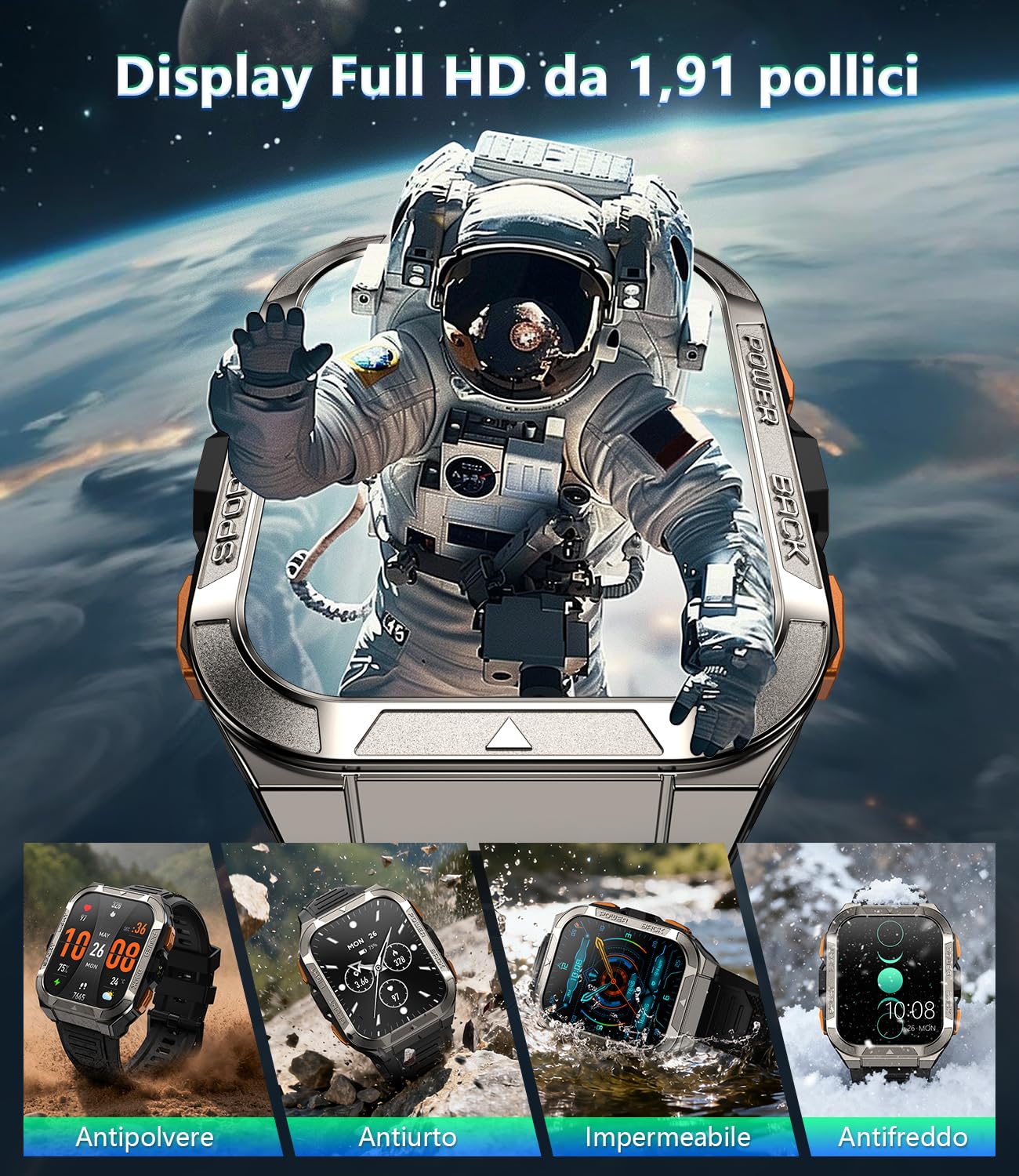 IOWODO Smartwatch Uomo con Batteria 900mAh, GPS e Torcia SOS Bussola, | 1,91" Militare Orologio Intelligente con Assistente AI, IP68 Impermeabile, Chiamate Bluetooth, Android iOS