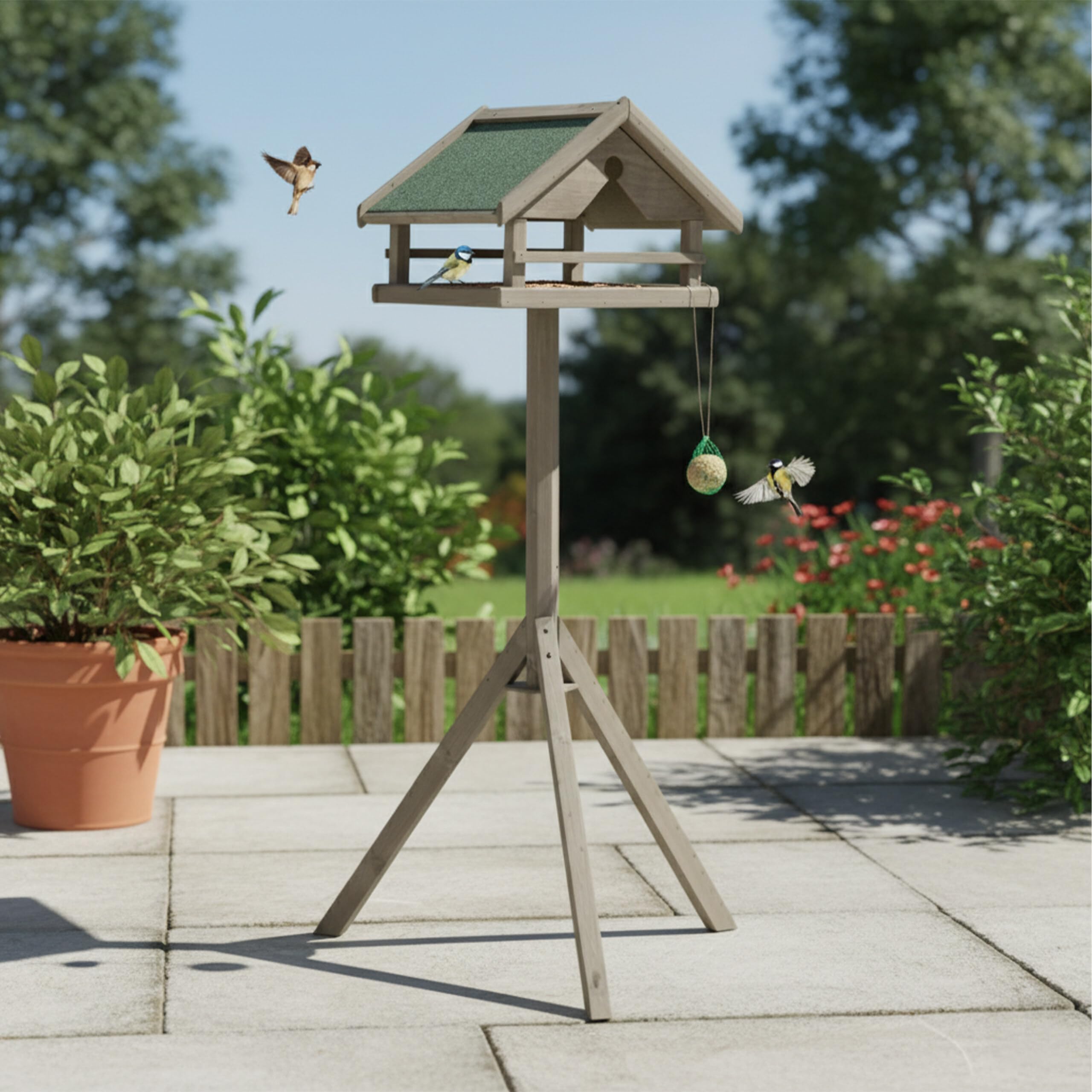 Relaxdays Comedero para pájaros con Soporte, Techo de Asfalto Impermeable, jardín, balcón, terraza, pajarera, Abeto