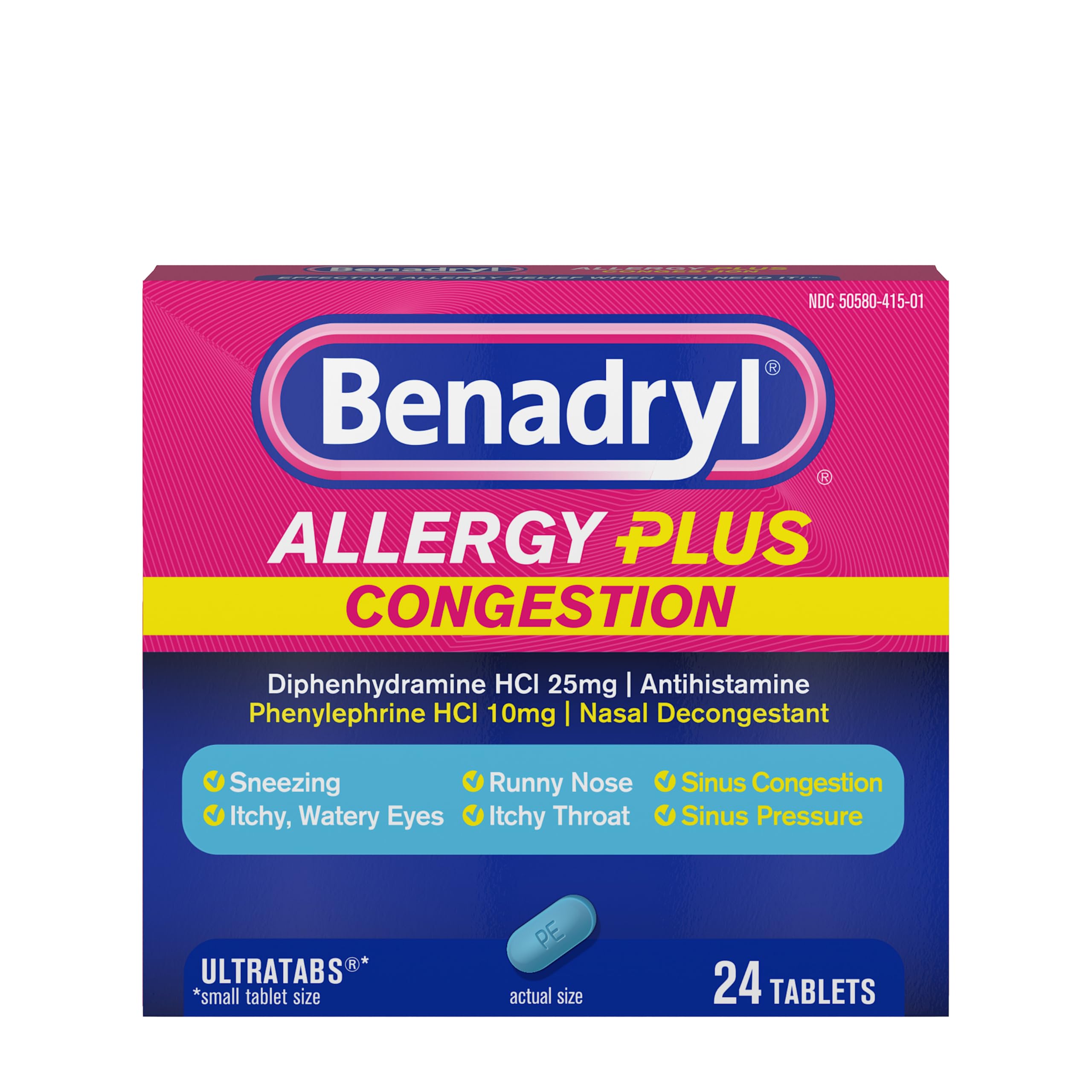 BenadrylAllergy Plus Congestion Ultratabs, Medicine with Diphenhydramine HCl Antihistamine & Phenylephrine HCl Nasal Decongestant, Allergy & Sinus Congestion Relief Tablets, 24 ct