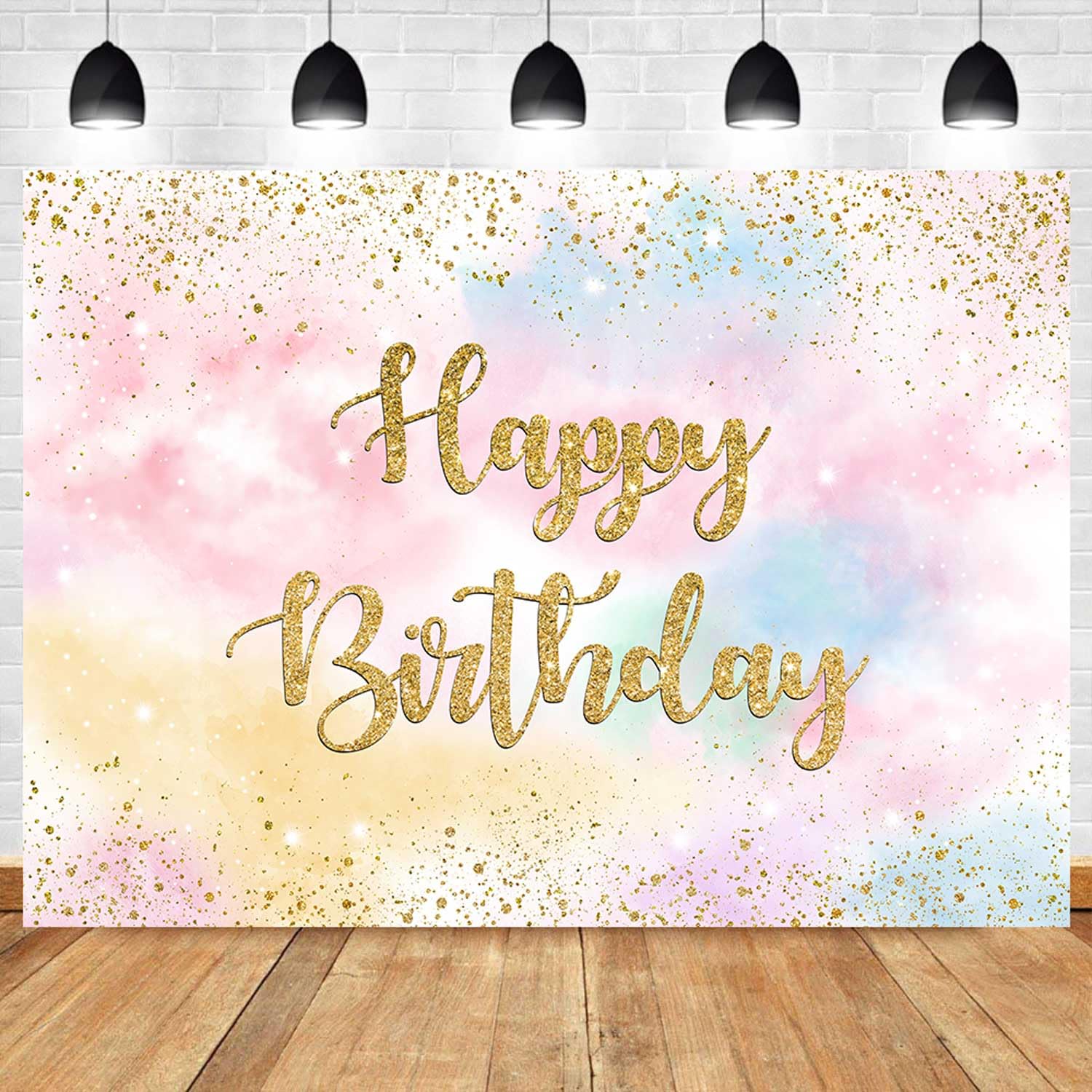 Sensfun Rainbow Birthday Backdrop for Girls Colorful Pastel Clouds Happy Birthday Party Decorations Banner Glitter Sprinkled Gold Dots Watercolor Rainbow Birthday Cake Table Photo Backdrops 5x3ft-image-6