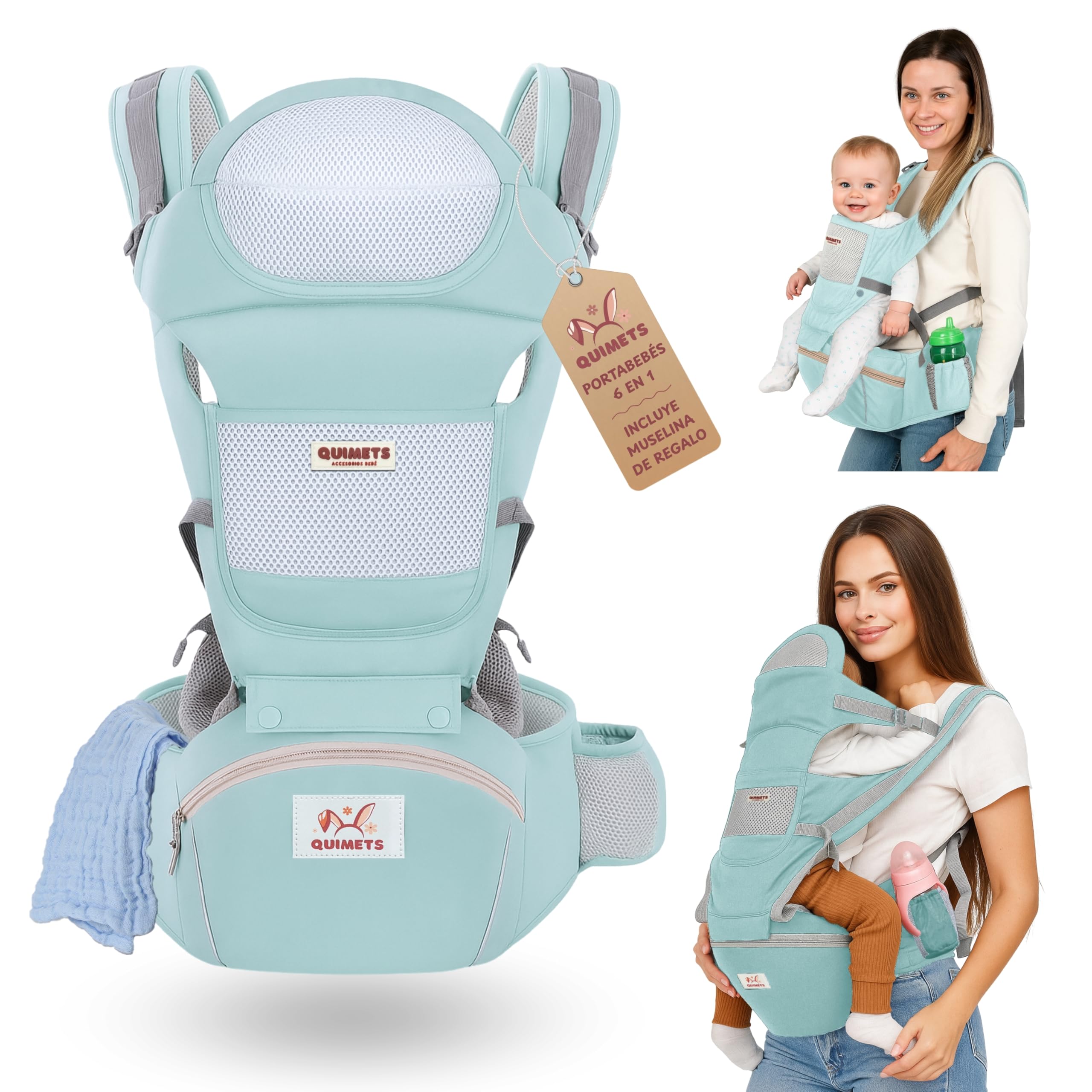 QUIMETS | Mochila Portabebés 6 en 1 Recién Nacido Transpirable y Ergonómica – Suave, Ligera e Ideal para Largos Paseos – Ajuste Cómodo para Mamá y Papá – Incluye Muselina de Regalo — view 8