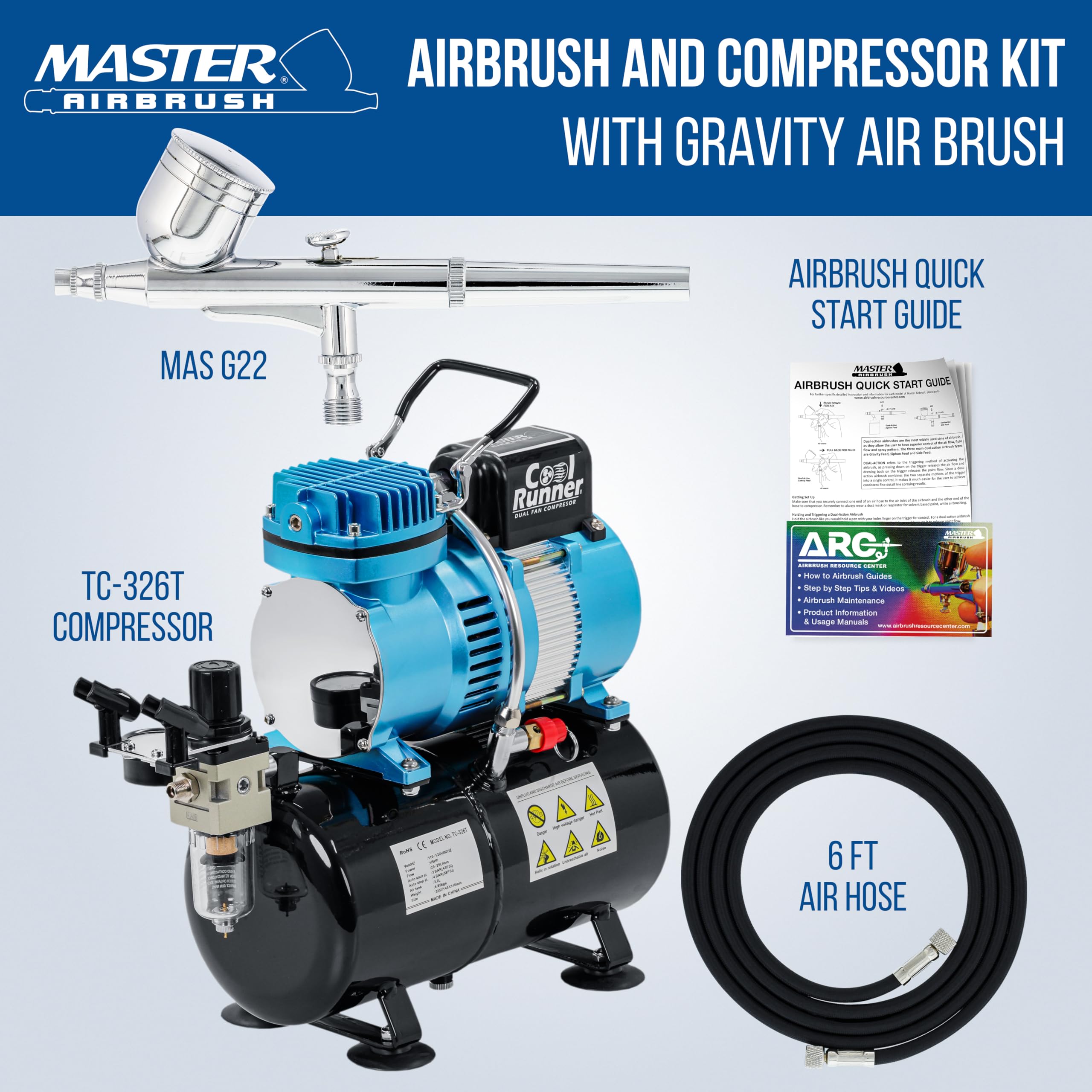 Master Airbrush Master Performance G22 zestaw systemu aerografu z kompresorem Master TC-20T ze zbiornikiem powietrza, wężem powietrza i aerografem G22 Dual-Action Gravity Feed