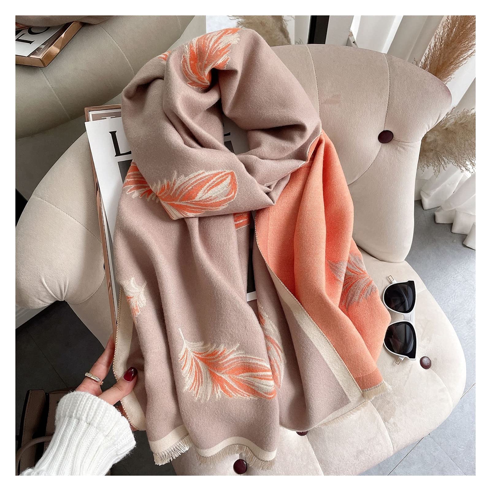 szalik z nadrukiem piór Damski szalik wełniany Zimowe szale Szale Okłady Koc Nowe ciepłe szaliki (kolor: khaki, rozmiar: 180-65cm) (różowy 180) (Khaki 180)
