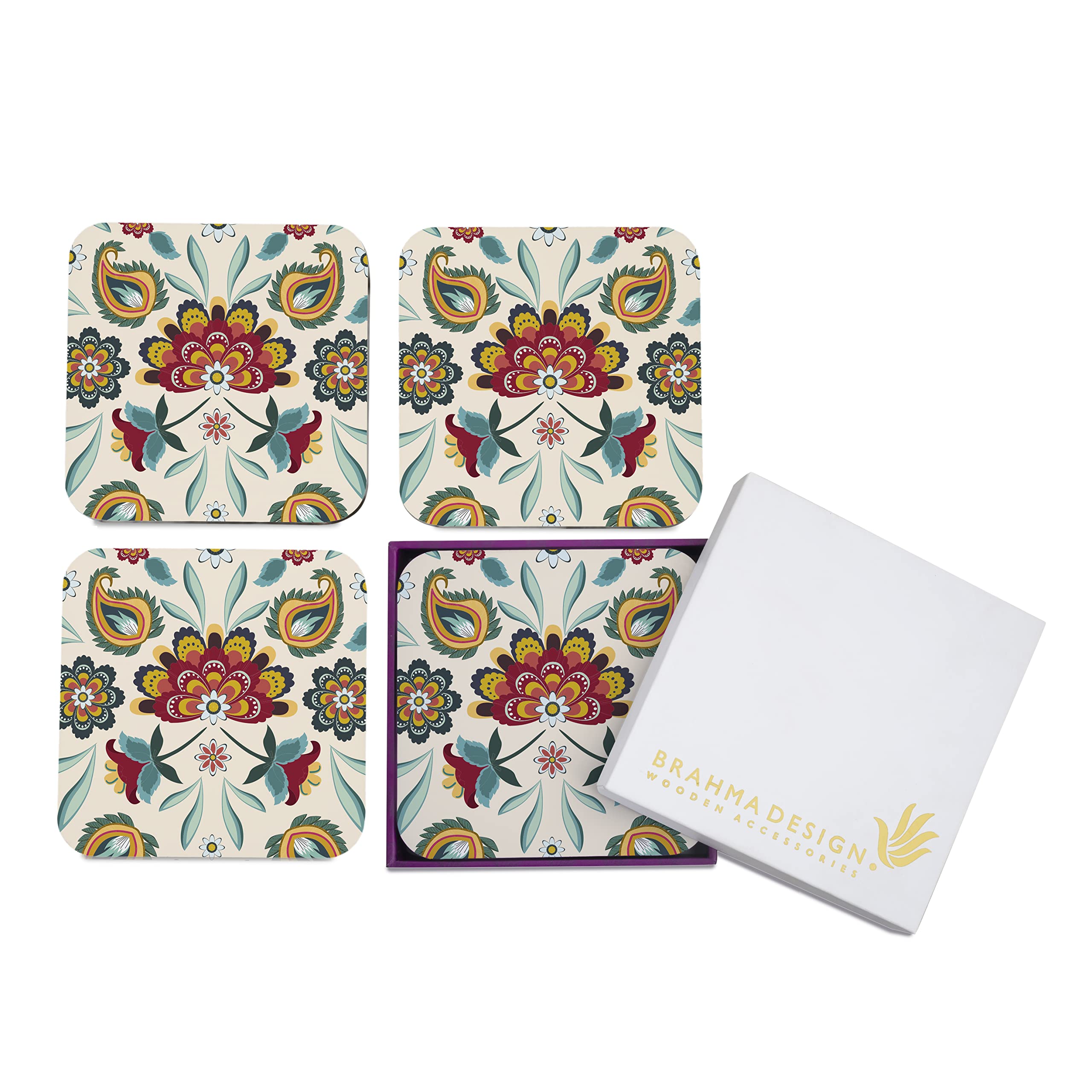 BRAHMA DESIGN Wooden Coaster Set with Gift Box | Aradhana Design | Set of 4 Tabletop Square Coasters 3.75" x 3.75" | Kitchen Table Wooden Decorative Items | for Cups, Mugs, Cans, Glasses (B08RS5SZSM) Amazon Price History, Amazon Price Tracker