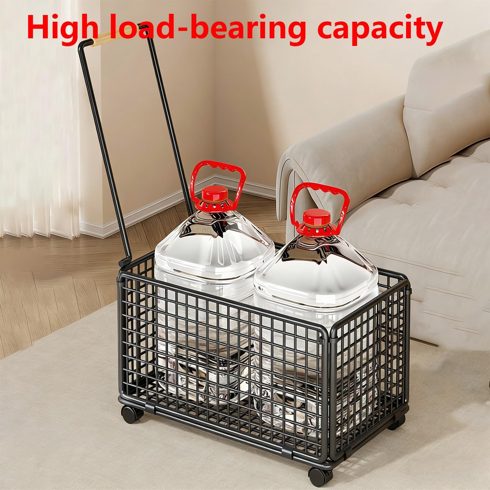 Cesto portaoggetti con manico, grande contenitore in metallo con ruote, cesto portabiancheria mobile per camera da letto, bagno, soggiorno, contenitore per giocattoli