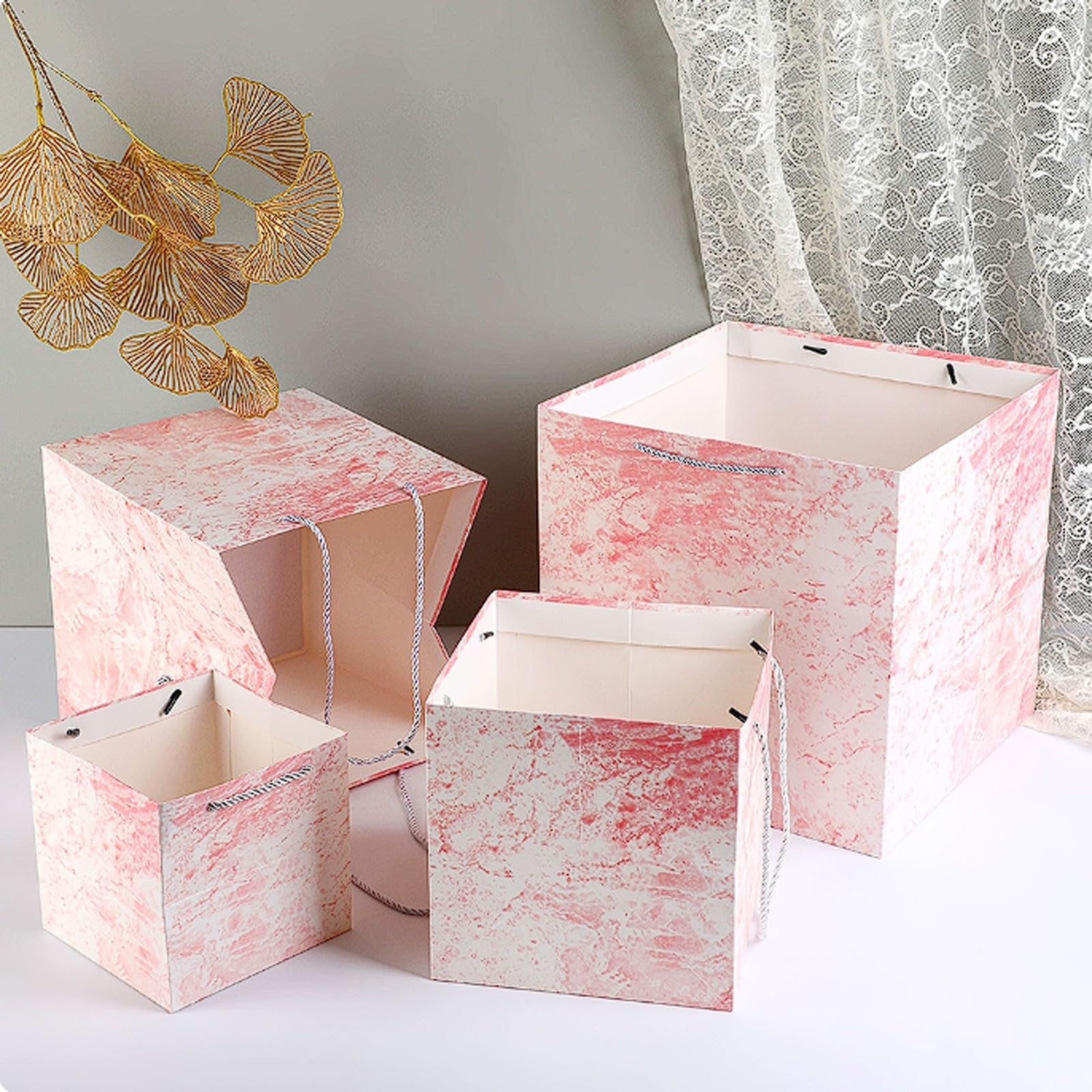 Paquete de 10 bolsas papel cuadradas mármol rosa premium, perfectas for regalos fiesta, cajas cumpleaños y compras elegantes(25 * 25 * 25cm)