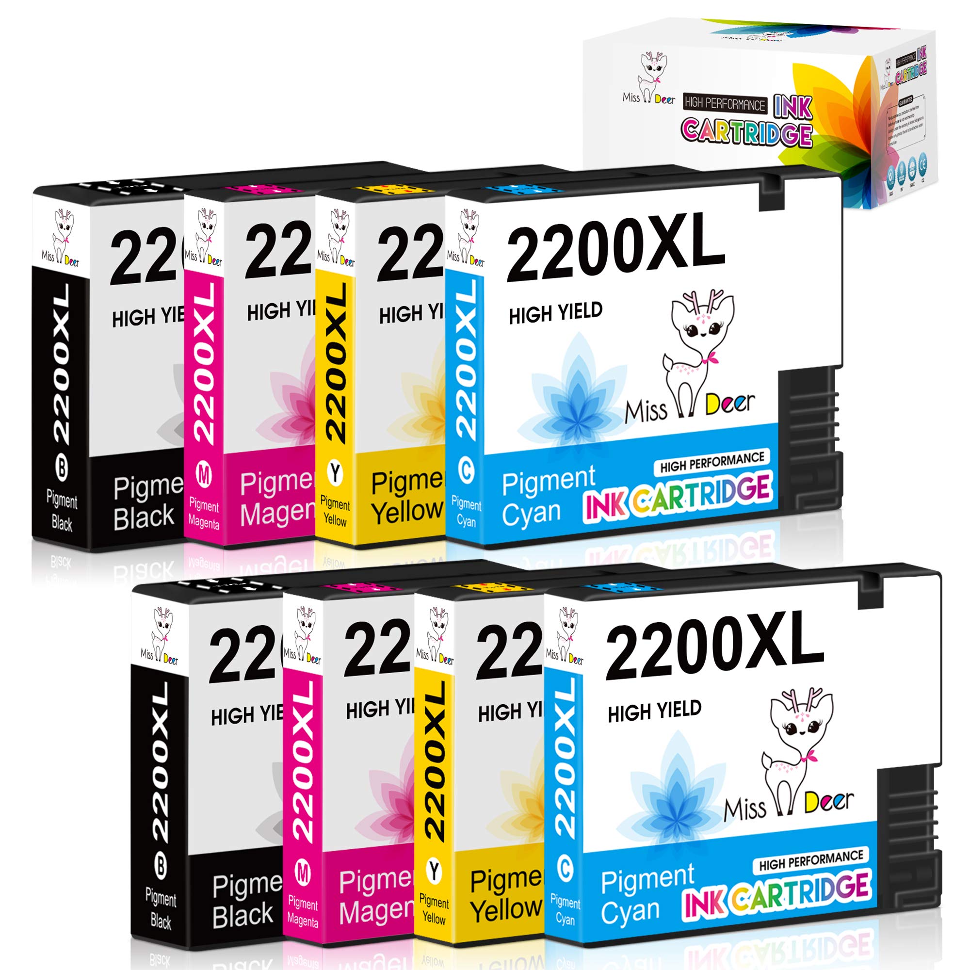 Miss Deer Compatible PGI-2200XL Pigment Ink Cartridges Work with Maxify MB5020 MB5320 MB5120 iB4120 and iB4020 Printers (2 Pigment Black, 2 Cyan, 2 Magenta, 2 Yellow) 8-Pack