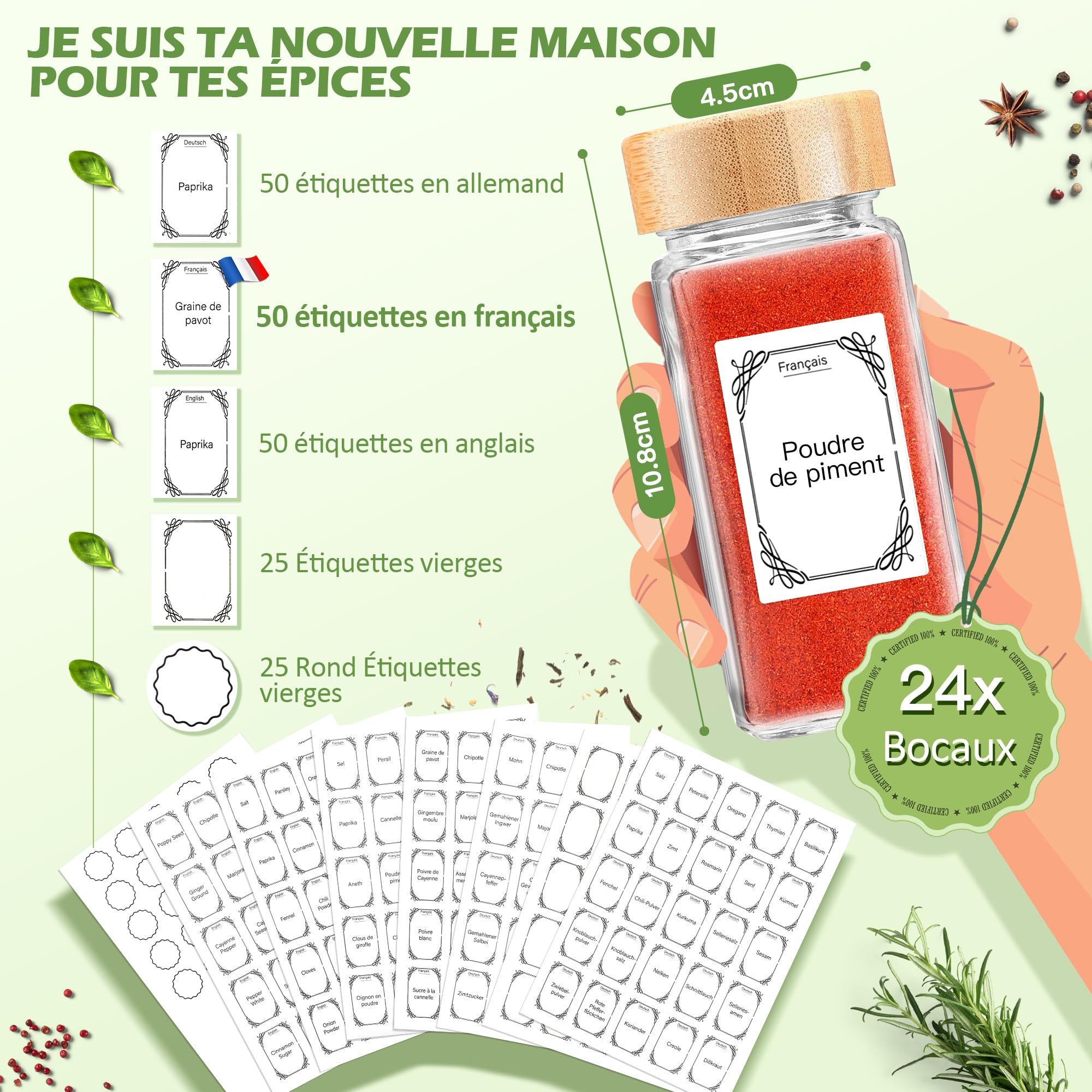 PASSION GATEAU 12 bocaux à épices carrés en verre 120 ml avec couvercle en bambou à visser pour rangement des épices cuisine avec 287 étiquettes, feutre, entonnoir et brosse de nettoyage