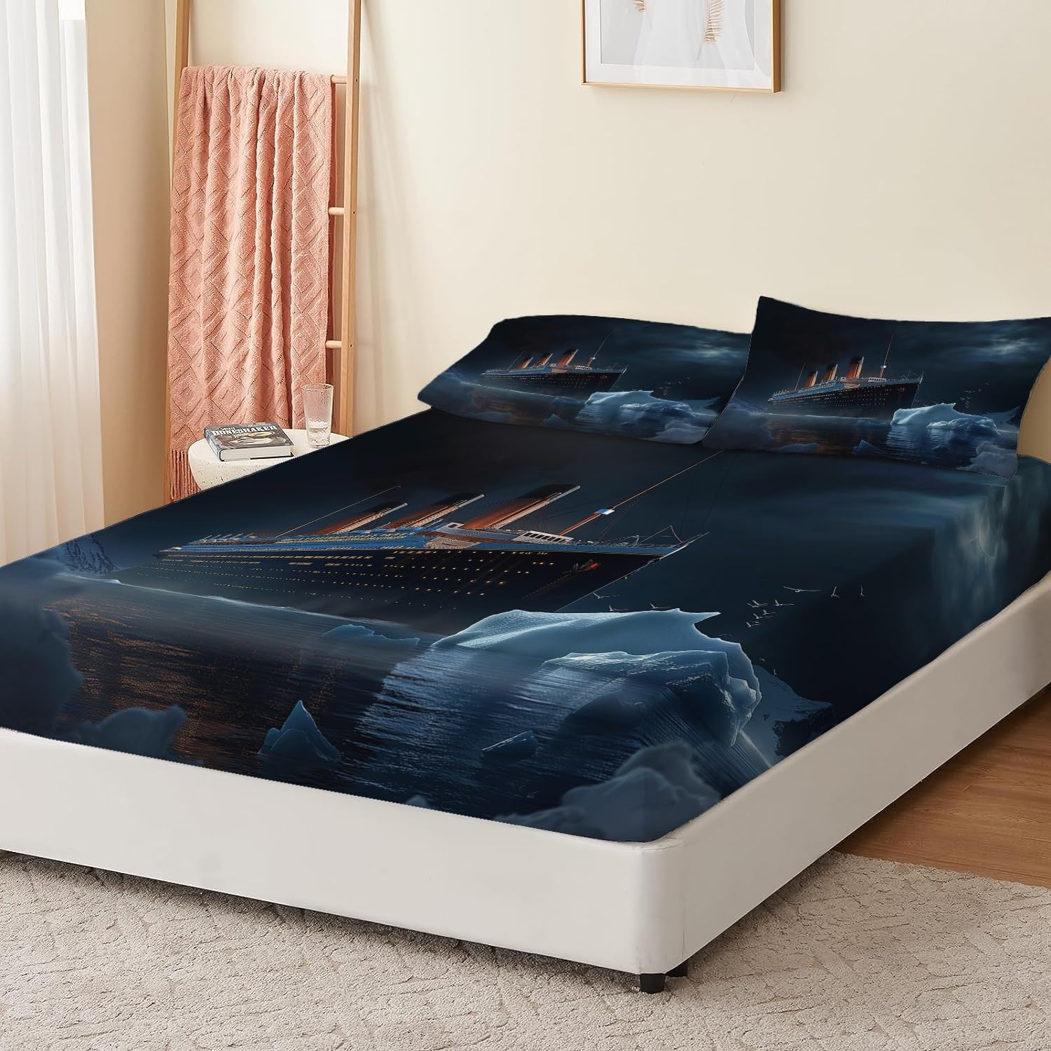 Lenzuolo con angoli stampato 3 pezziTitanic In The Dark NightNero160x200Microfibra - 30 cm di profondità Nessun restringimento e nessun pelucchi Lavabile in lavatrice Include 2 federe per cuscini