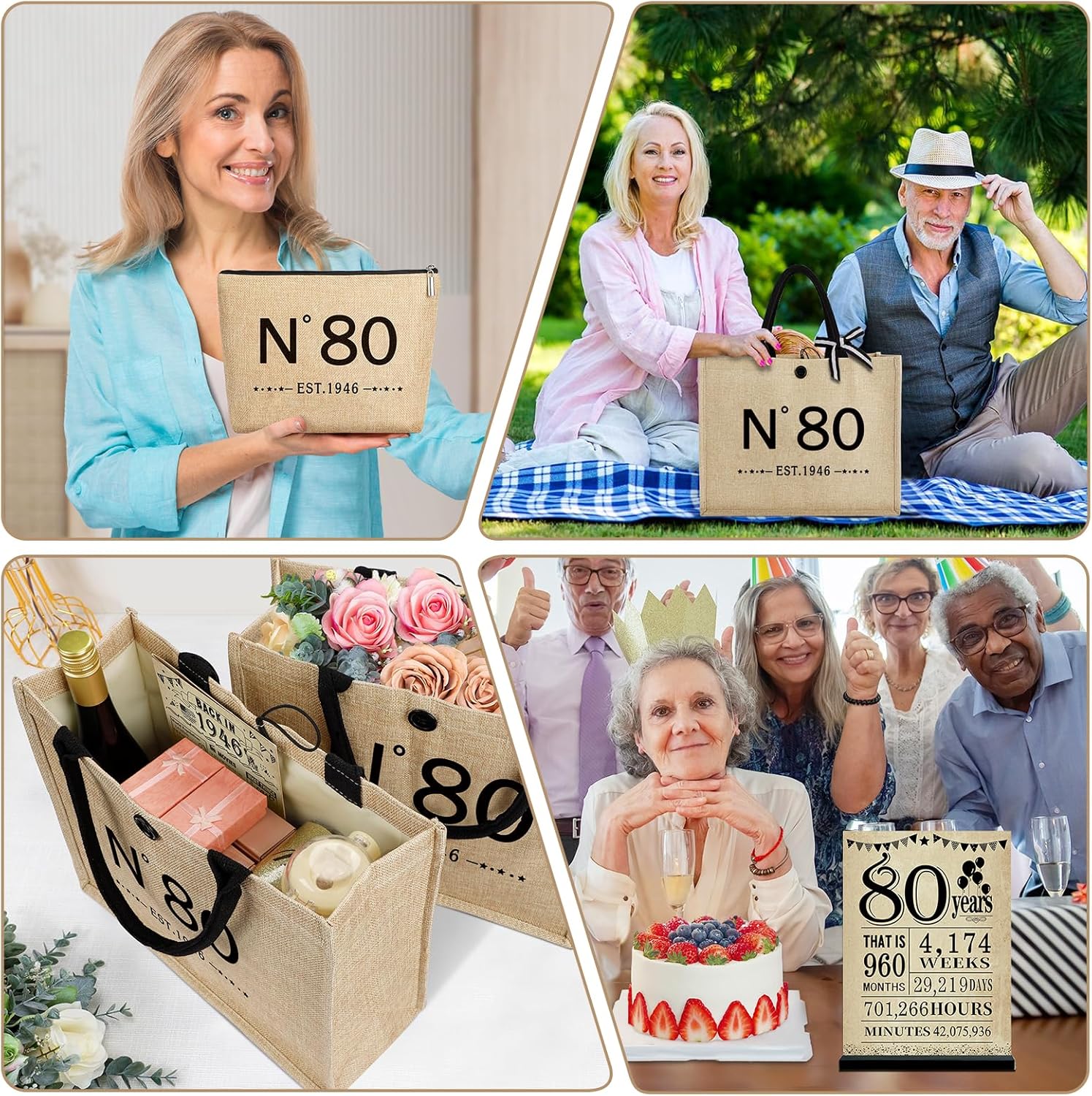 YeohJoy 80th Birthday Gifts for Women Reusable Grocery Bag, Vintage N°80 Burlap Handbag with Cosmetic Bag and Back in 1946 Poster, Unique 80 Years Old Gifts for Mom Grandma Friends Wife Sister Her - Image 2