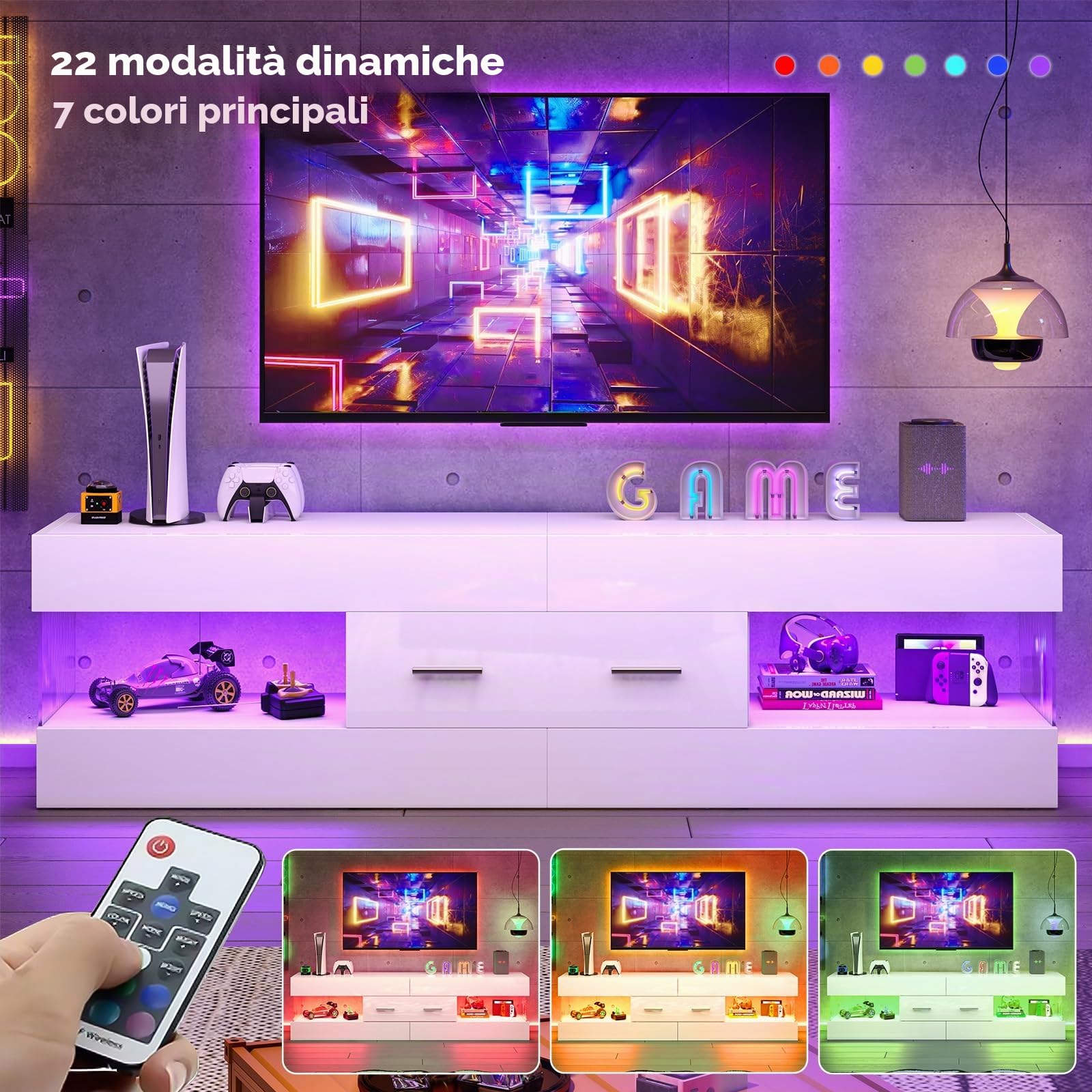 Bestier Mobile TV per TV da 65 pollici,moderno mobile TV laccato lucido,centro di intrattenimento a LED con ampio cassetto,consolle TV per soggiorno e camera da letto(bianco)