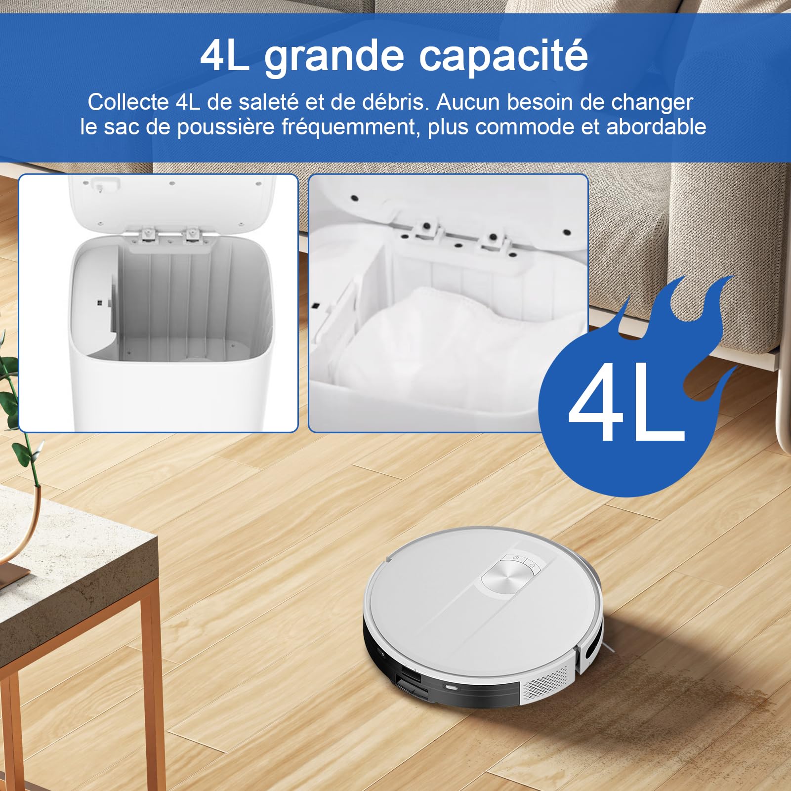 EZVIZ RE4C Plus Robot Vacuum Cleaner met dweilfunctie en all-in-one station, Robotstofzuiger 4000 Pa, tank van 280 ml, autonomie van 170 minuten, LiDAR-navigatie, App/Alexa