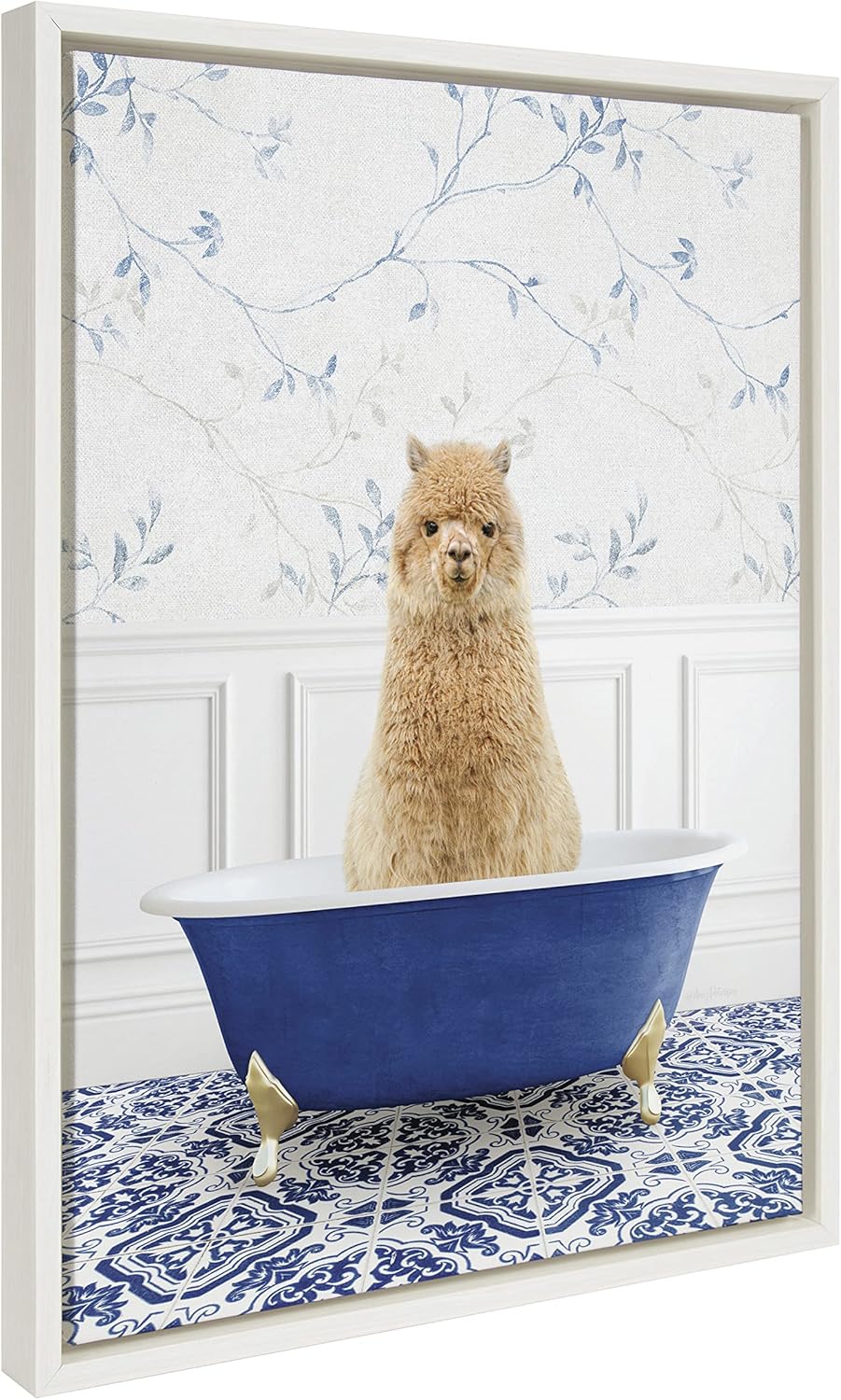 Kate and Laurel Sylvie Alpaca In Eclectic Blue Bath Framed Canvas Wall Art by Amy Peterson Art Studio; 18x24 Gold; Adorable Animal Art Bathroom Wall Décor