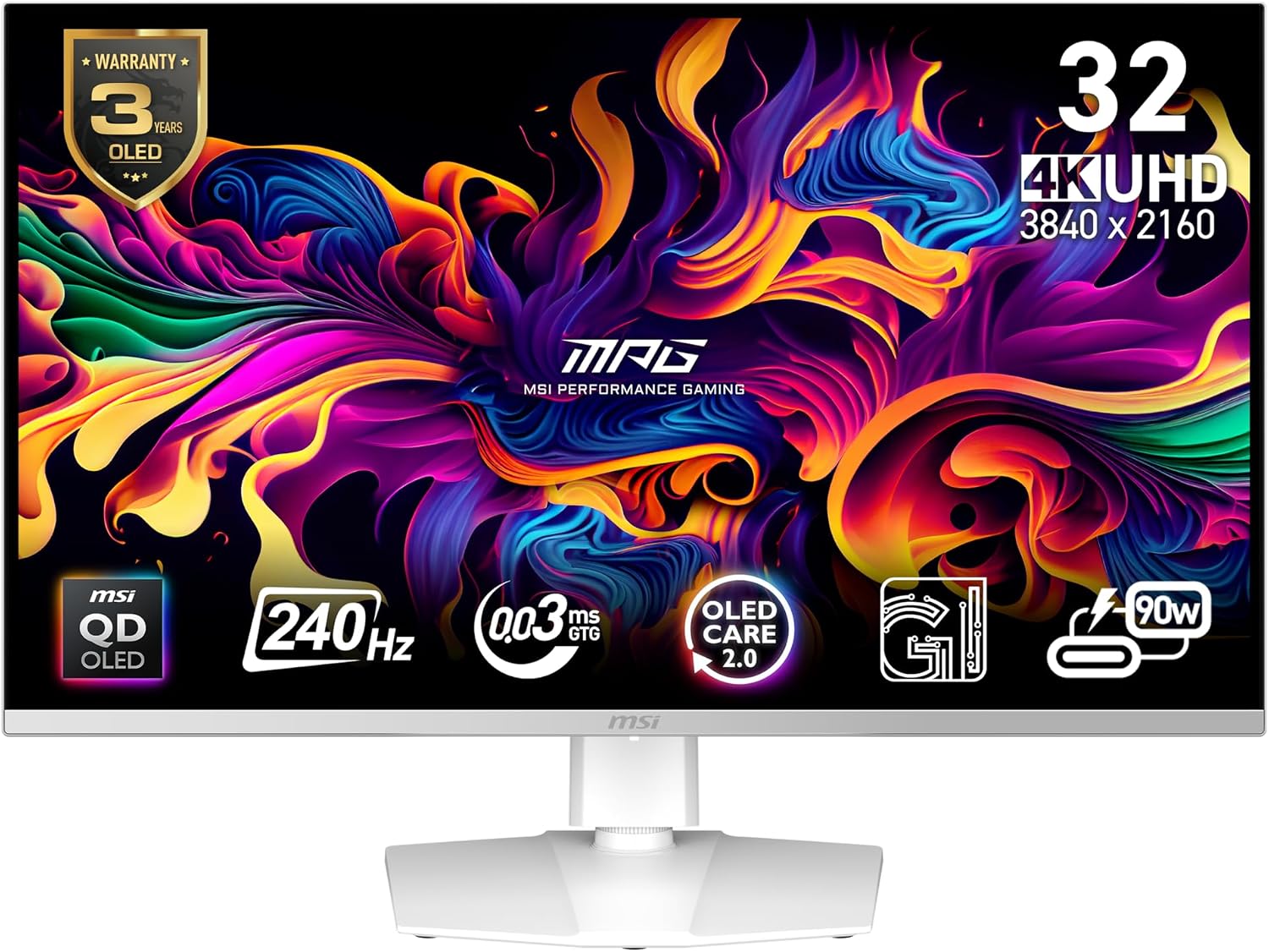 MPG 321URXW QD-OLED 31.5 Inch 4K UHD Gaming Monitor - 3840 x 2160 Quantum Dot OLED Panel, 240Hz / 0.03ms, 99% DCI-P3, ΔE≤2, DisplayHDR True Black 400, KVM, RGB - DP 1.4a, HDMI 2.1, USB Type-C 98W