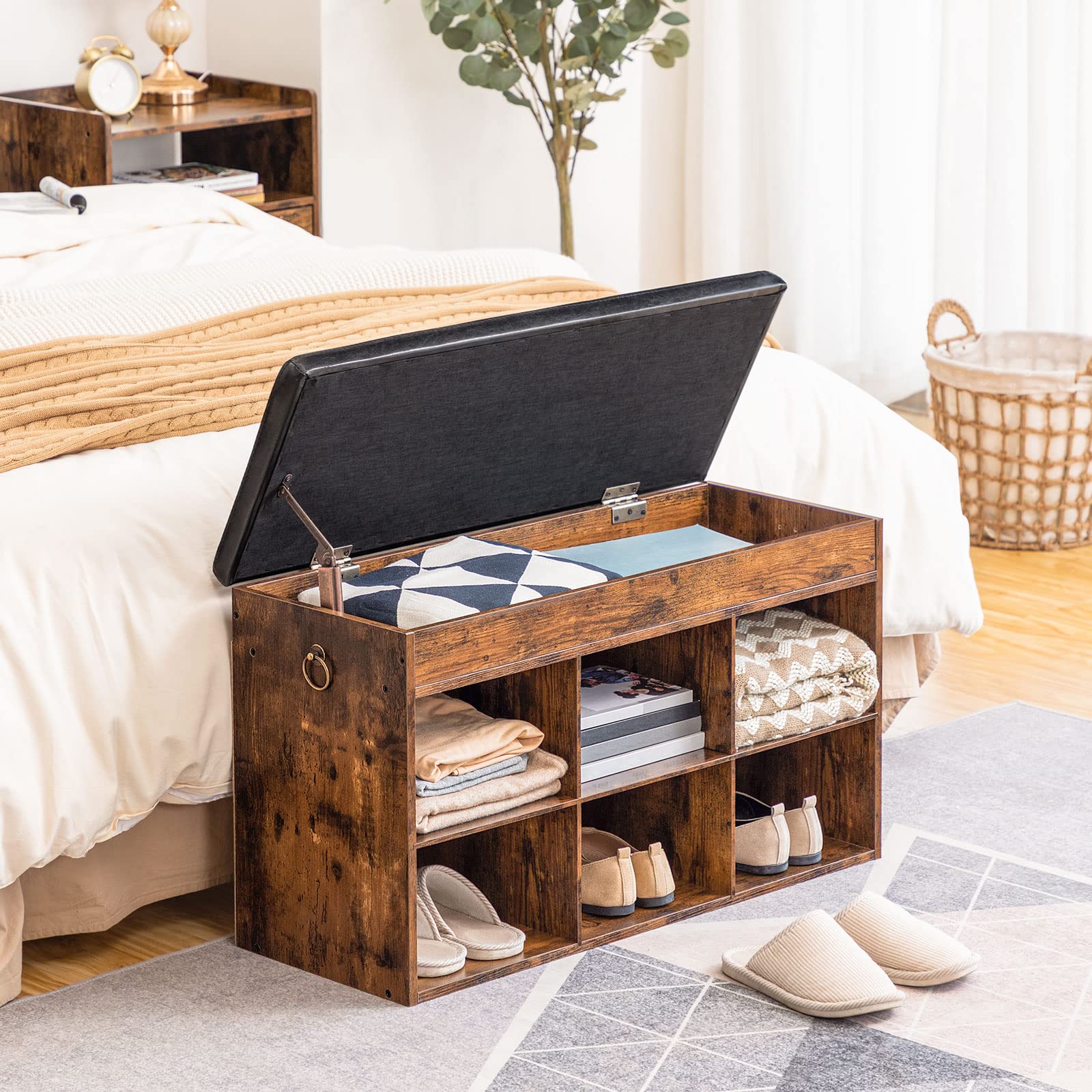 HOOBRO Schuhbank, gepolsterte Sitzbank, Schuhregal mit Stauraum unter der Sitzfläche, Schuhschrank mit 6 offene Fächern, bis 135 kg belastbar, für Eingang, Flur, Wohnzimmer, Schlafzimmer EBF80HX01