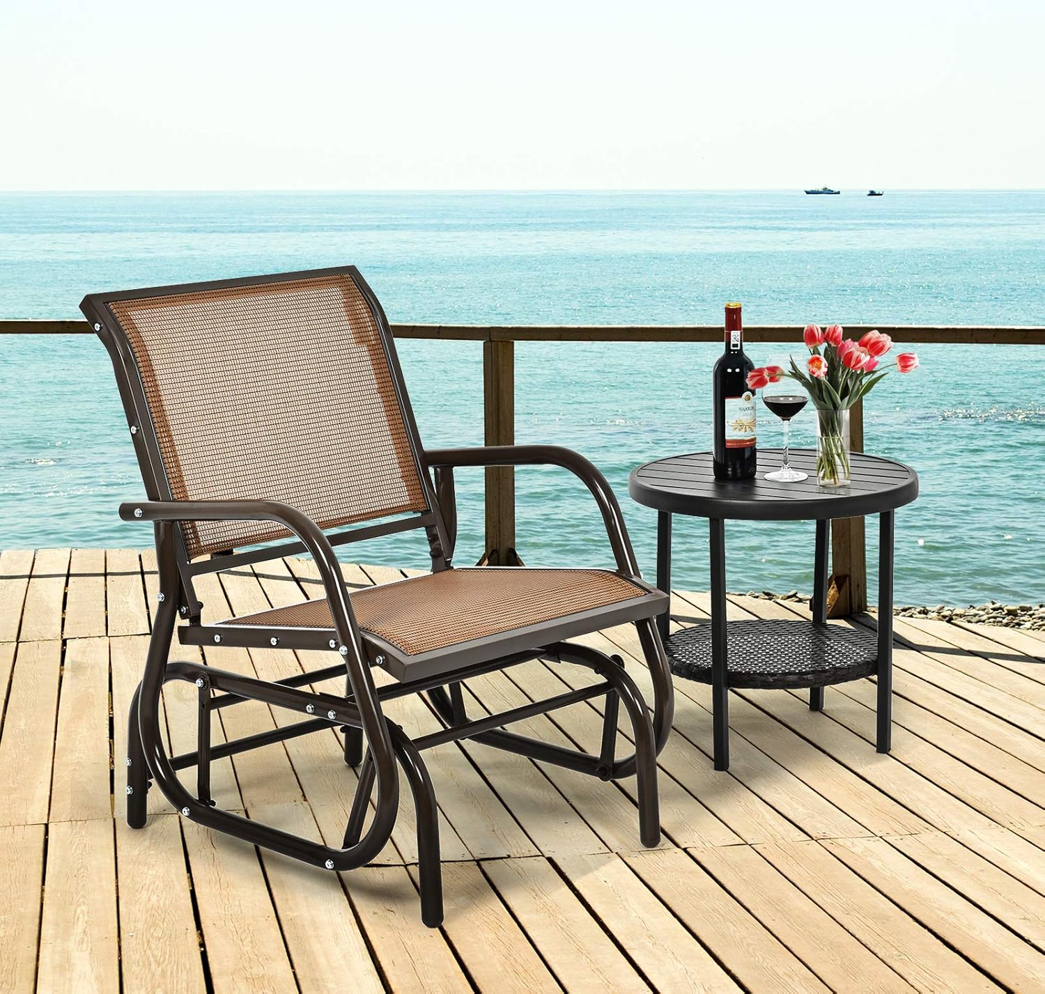 Giantex Swing Glider Chair W/Study Metal Frame Comfortable Patio Chair Love-Seat for Garden, Porch, Backyard, Poolside, Lawn Outdoor Rocking Chair (1, Brown)