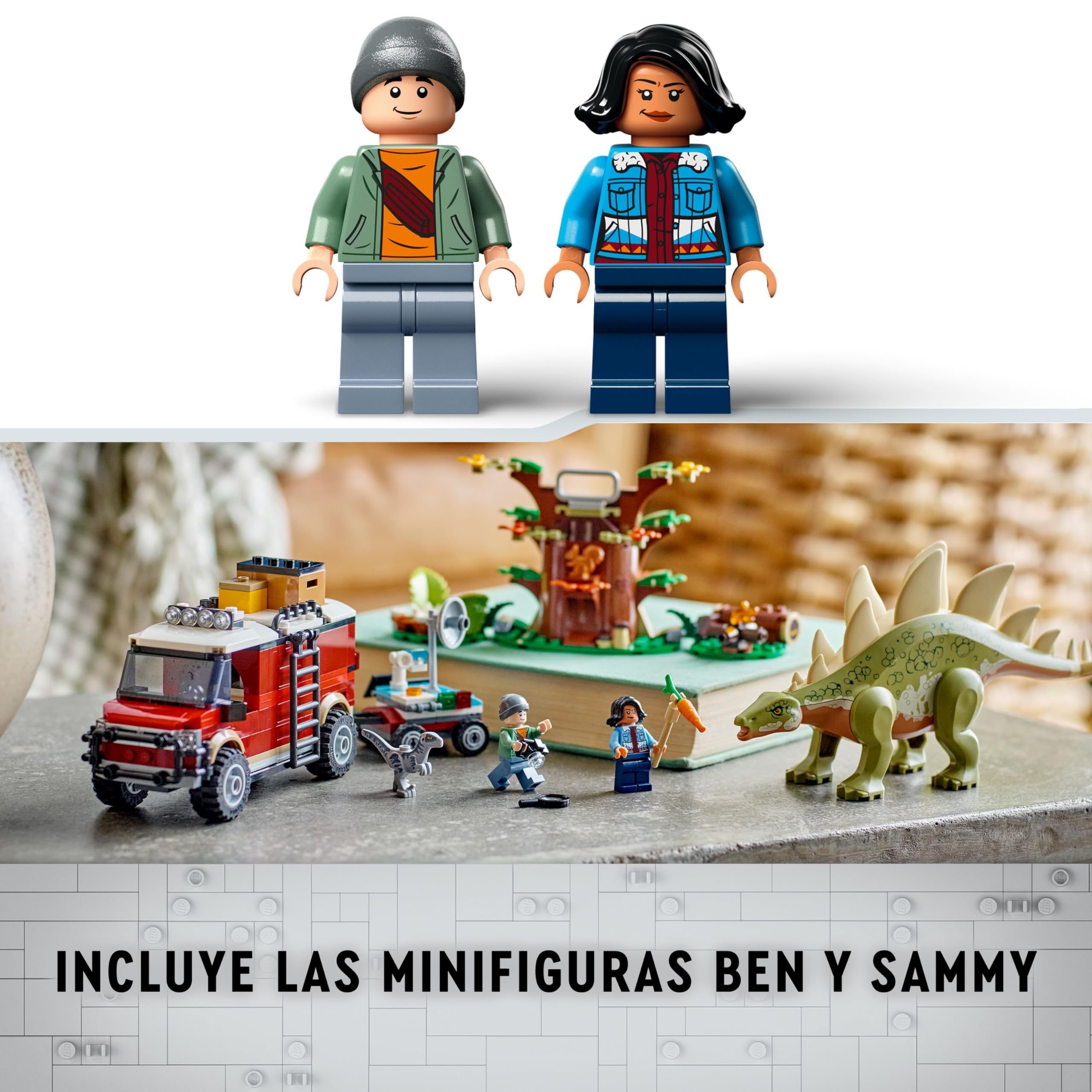 LEGO Jurassic World Misiones Dinosaurio: Descubrimiento del Stegosaurus Set de Juguetes de Dinosaurios y Velocirraptor, Regalo para Niños y Niñas de 6 Años o Más, Minifiguras de Ben y Sammy 76965