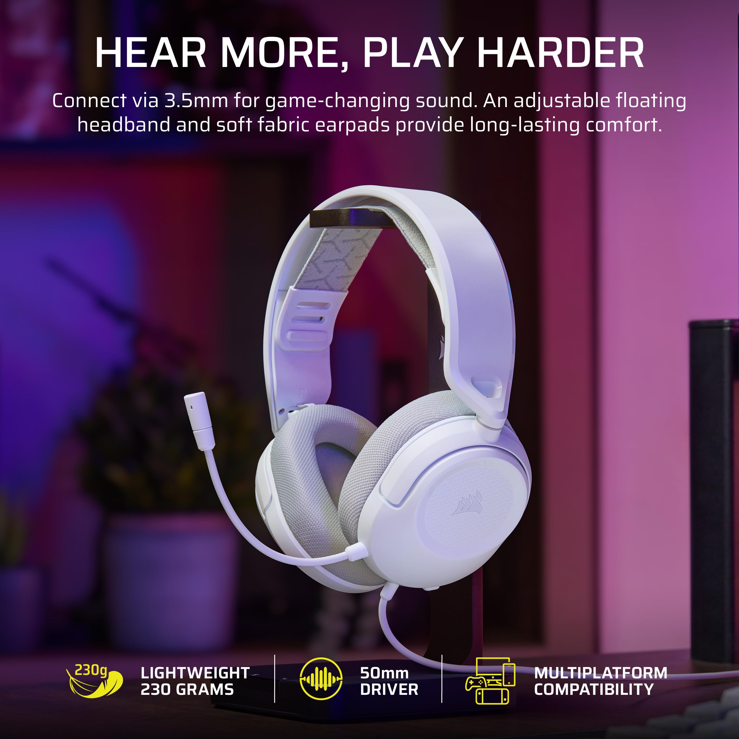 Corsair HS35 V3 Gaming-Headset, kabelgebunden, mit Mikrofon, PC/PS5/PS4/Switch/Xbox/Mac, leicht und bequem, 3,5 mm, Weiß