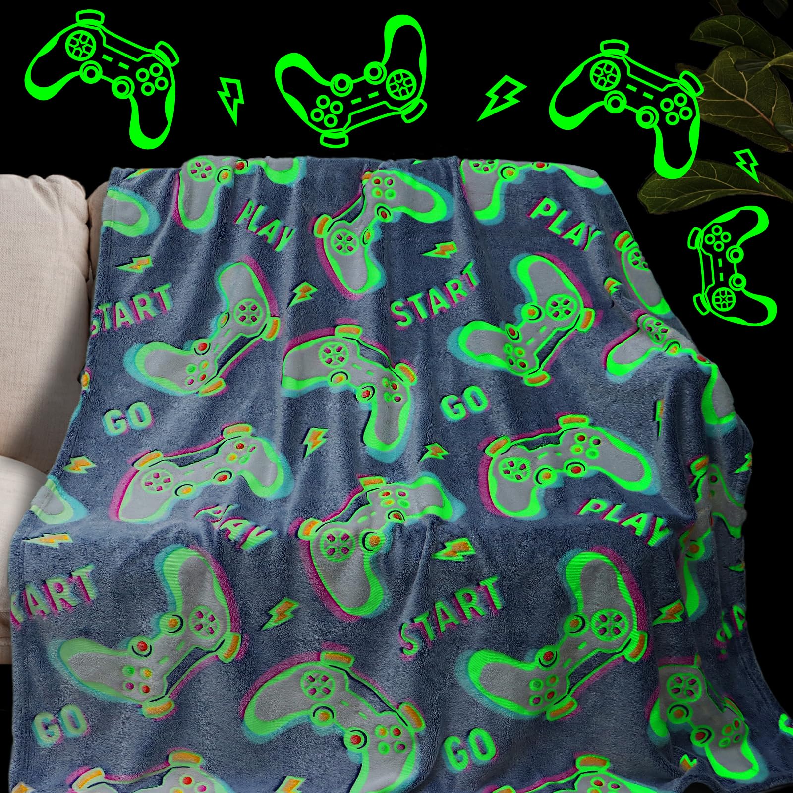 Glow in The Dark Blanket Gaming Controller Glowing Throw Blanket Gamer Plush Luminous Blankets and Throws Soft Fluffy Throw Gift for Kids Girls Boys Birthday Christmas Halloween Thanksgiving 40" x 50"-image-48