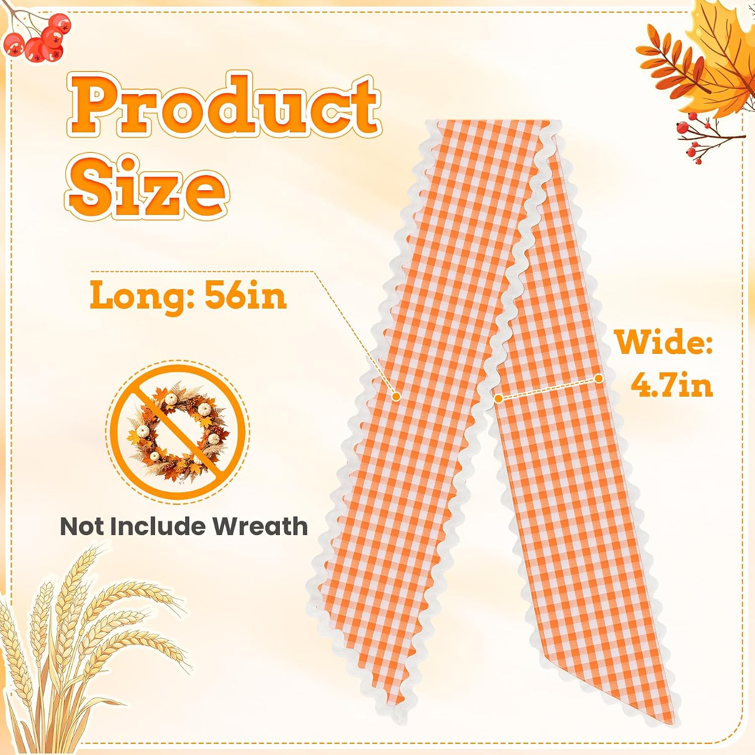 Orange and White Plaid Wreath Sash with Trim for Front Door, 1 Pcs