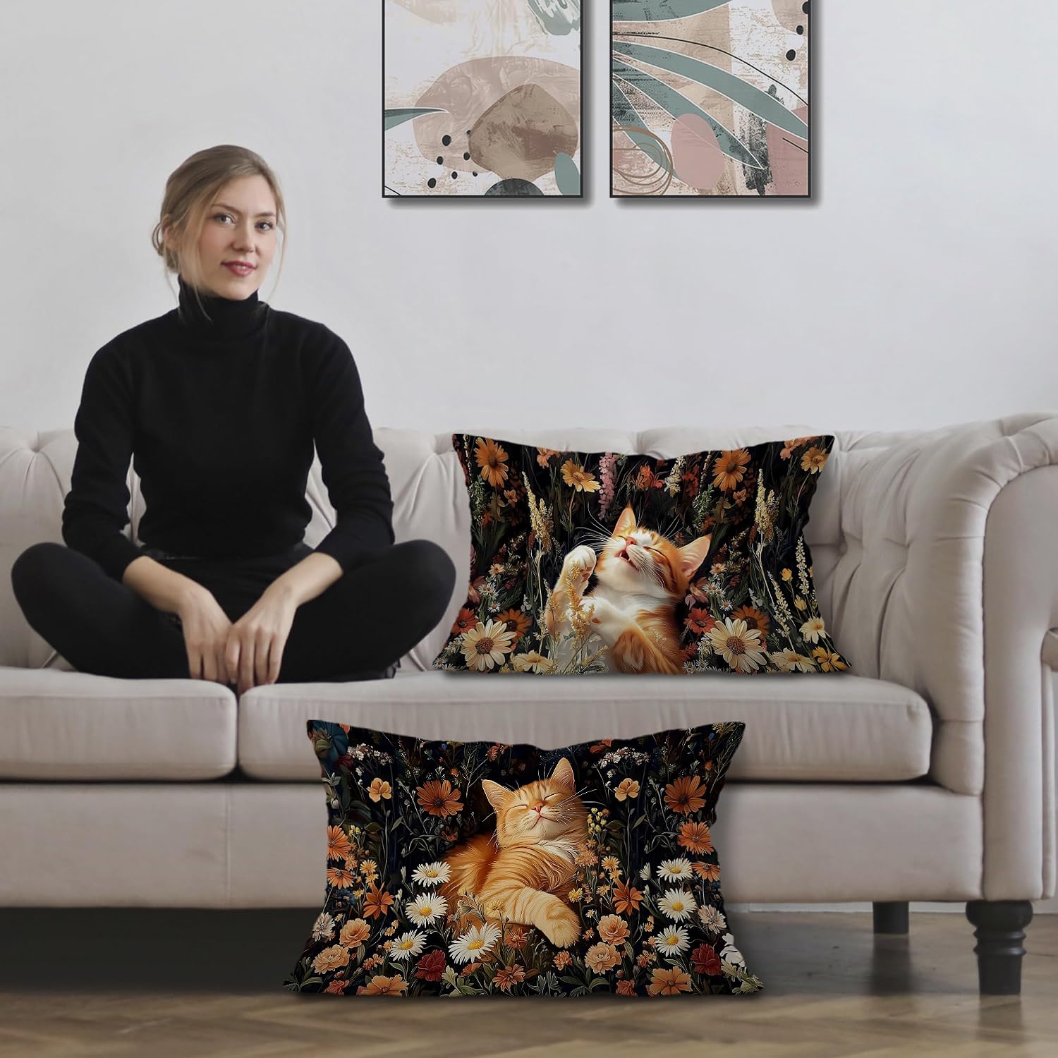 Boho Moody Floral Orange Cat Pillow Covers 12x20 Set of 2, Cat Mom Lady Lovers Gifts, Dark Cottagecore Botanical Flower Tabby Kitten Decorative Lumbar Pillow Covers for Home Bedroom Living Room image 2