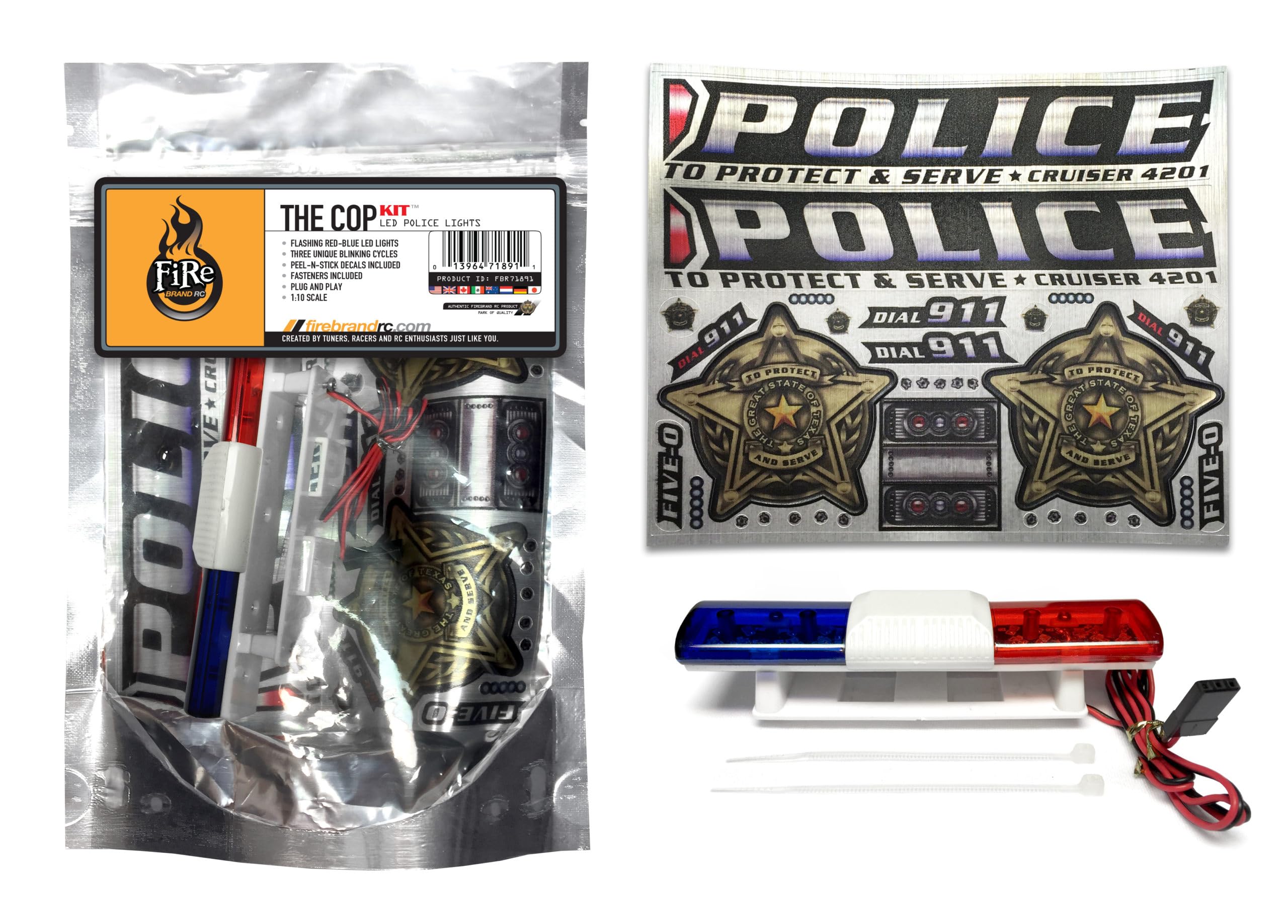 FIRE BRAND RC® The COP KIT™ RC LED Police Lights - Flashing Red and Blue LEDs with Police Decals for RC Vehicles, RC Car Lights, LED RC Lights