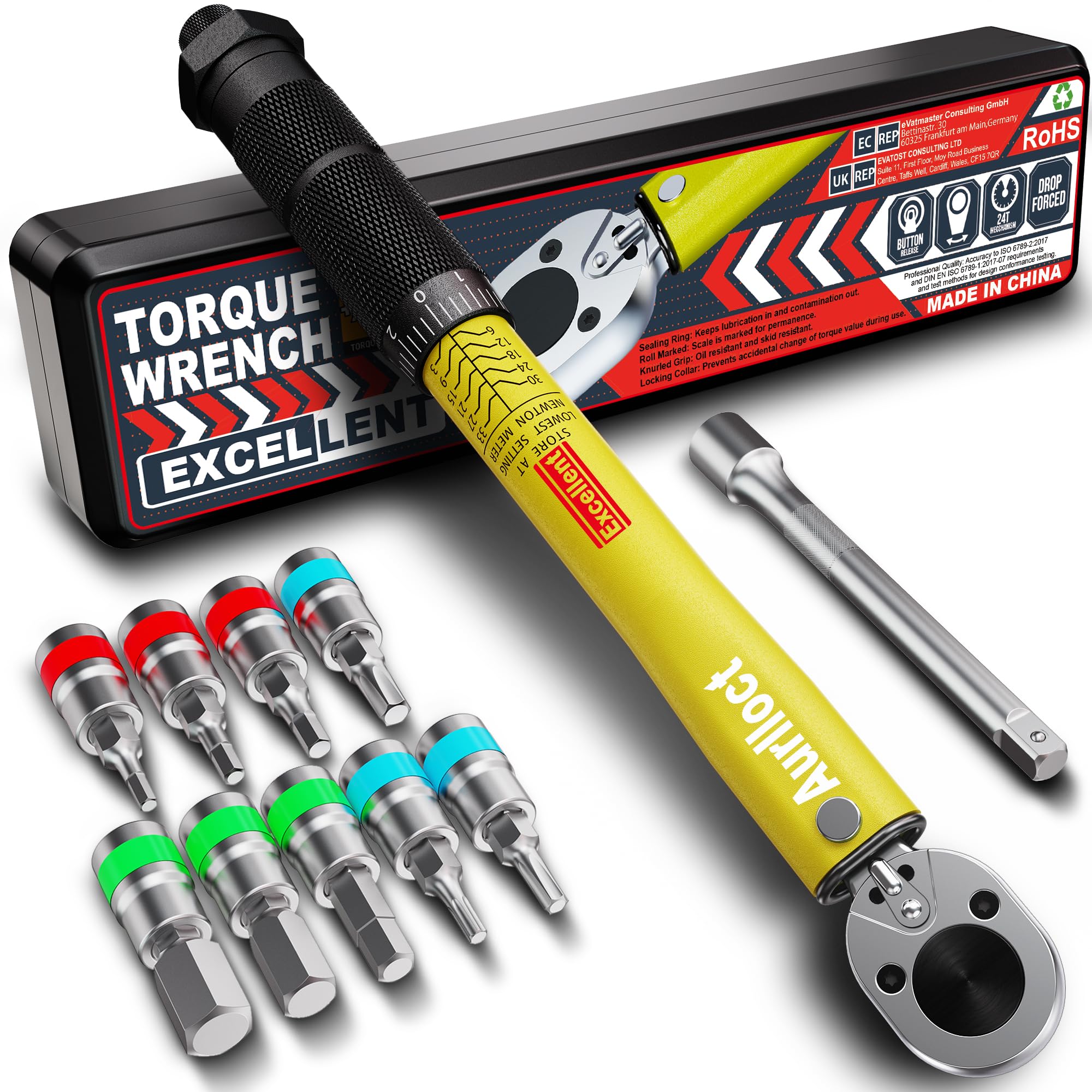 Aurlloct 1/4 Inch Drive Click Torque Wrench 3-33 Nm Set Yellow