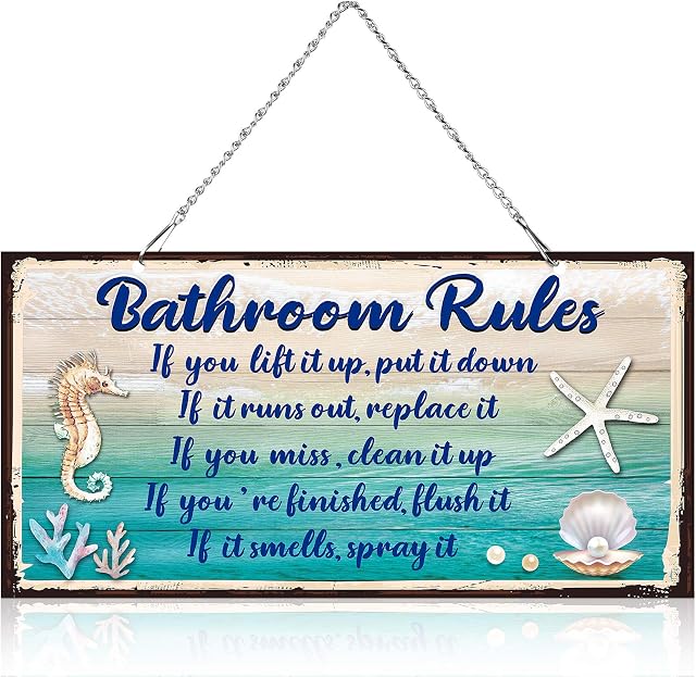 Seashell Bathroom Decor Funny Bathroom Rules Signs Beach Themed Ocean Bathroom Wall Art Farmhouse Vintage Seashells Door Decor with Diamond-Studded Starfish, Beach Wall Plaque Sign (10 x 5 Inch)