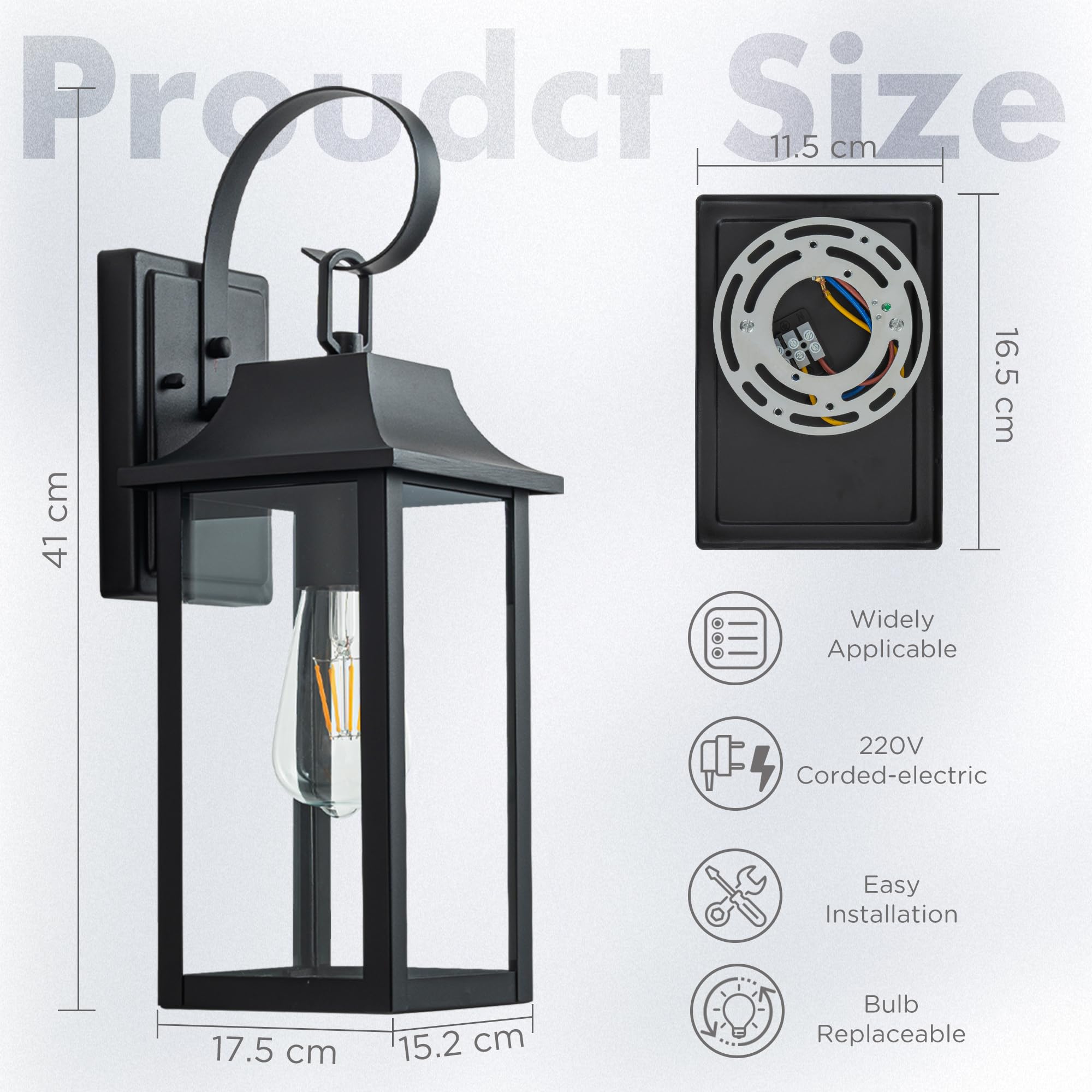 FTL Lampada da Parete E27 Esterno, Grande Portico Applique da Parete, Nero Luci da Esterno a Parete, 60W Max Vintage Lampade Lanterna da Esterno con Vetro, IP44 Impermeabile Luci da Esterno Giardino