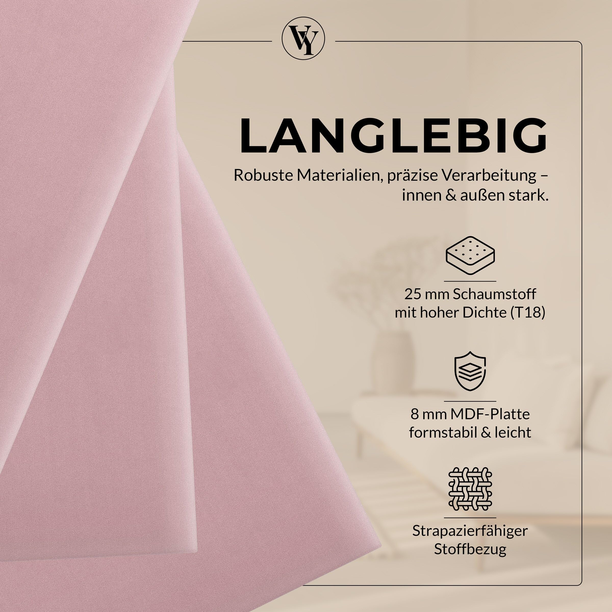 Wandpolster Wandkissen Rechteck – Samt, Polsterplatte 90 x 30 cm, Polsterpaneele, Oeko-TEX, Made in EU, Rosa M08