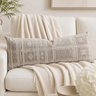 BlissBlush Decorative Lumbar Pillow Cover 14x36, Long Decorative Throw Pillow for Bed, Taupe Boho Textured Chenille Accent Pillowcase for Bedroom Home Décor (Cover Only)