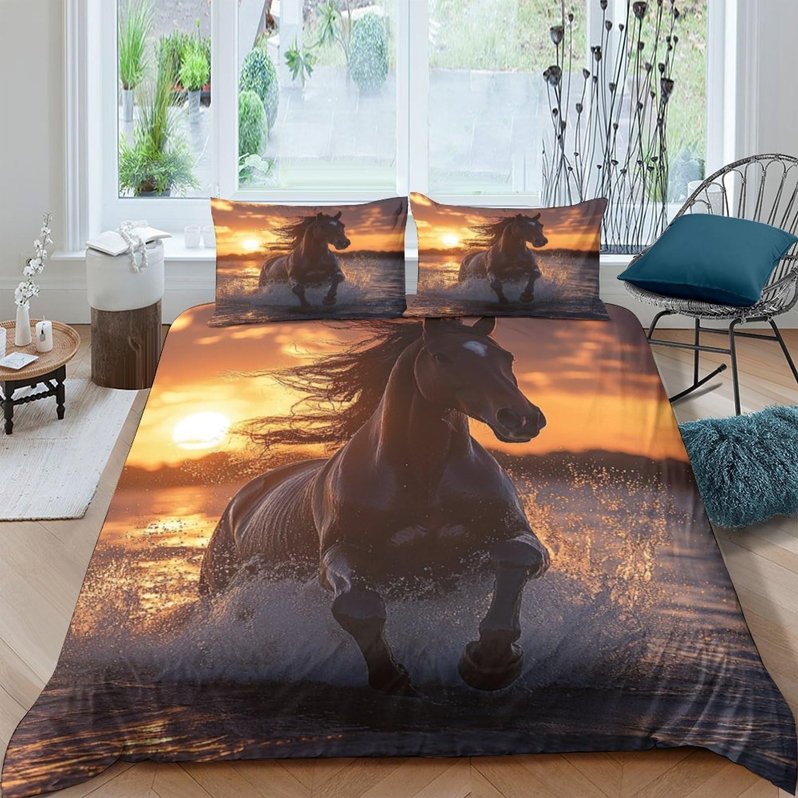 GPLZQXKJNH 3D Printed Wild Horse Sunset Duvet Cover Microfiber Soft Breathable Running Horse Bedding Set with 2 Pillowcases for Bedroom Decor Single（135x200cm）