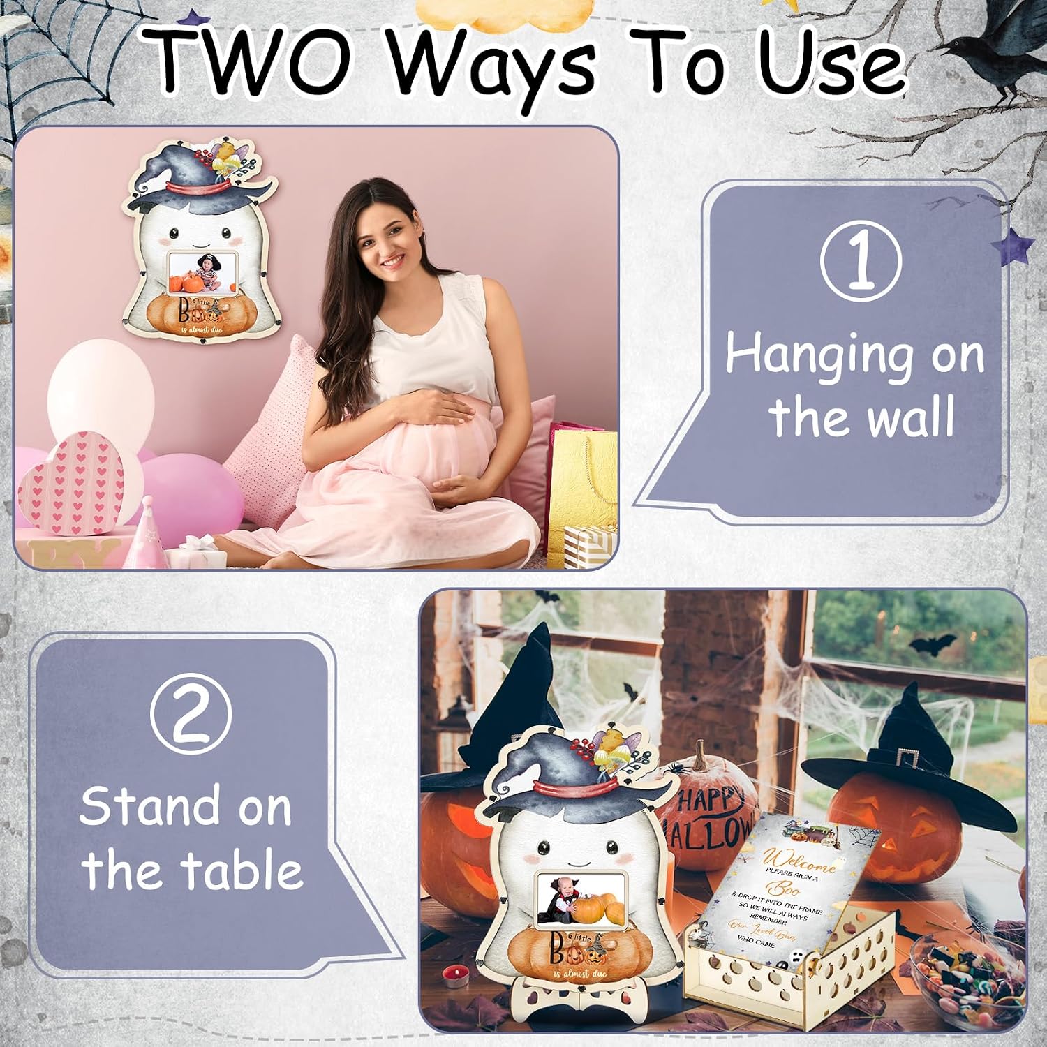 Wenqik 63 Pcs Halloween Little Boo Baby Shower Guest Book Alternatives Set Baby Shower Decorations with Photo Frame Sonogram Frame Keepsake 60 Wood Slices Guest Book for Birthday