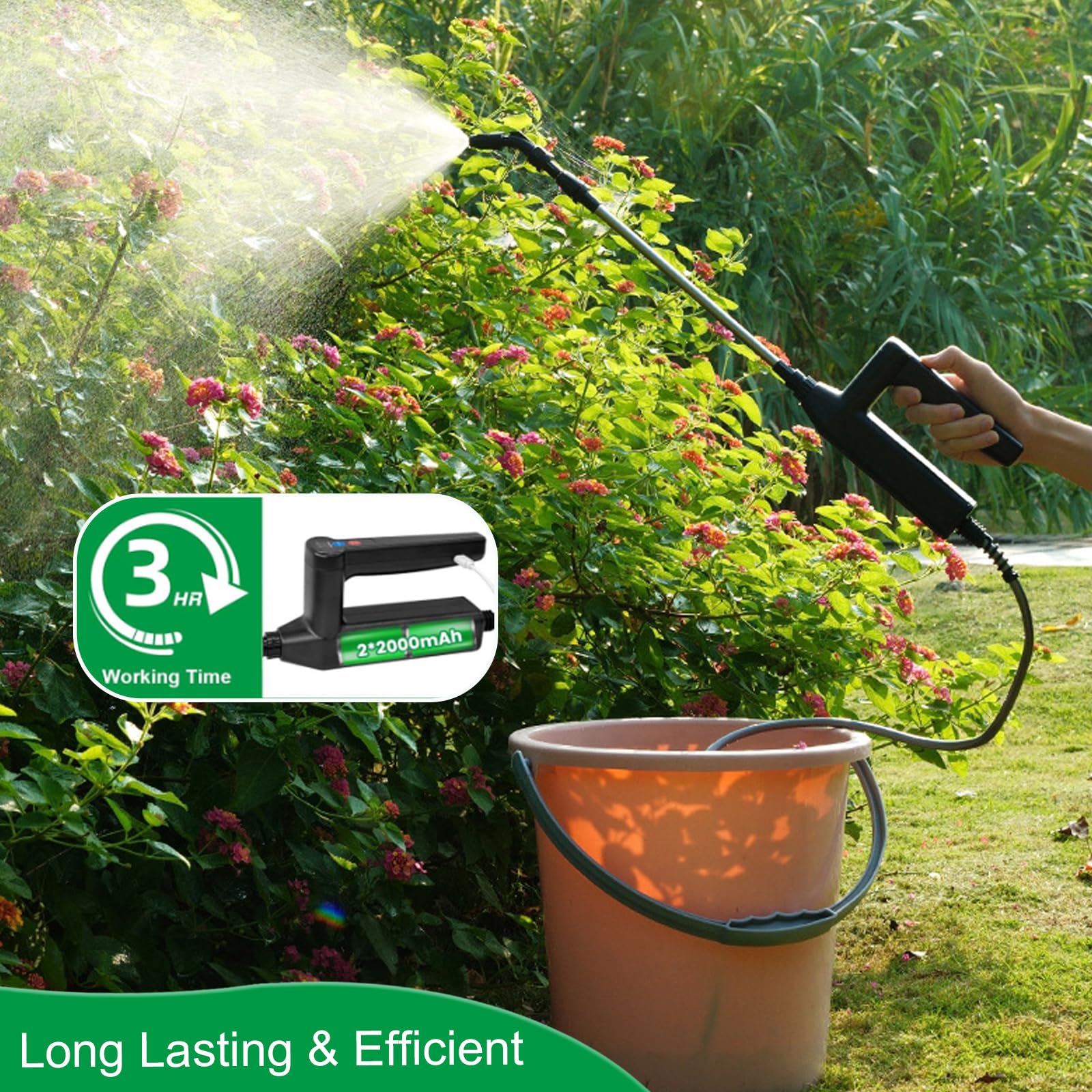 Spruzzatore elettrico per piante con ugelli regolabili e tubo da 8 m, spruzzatore a pressione a batteria da 7,4 V, USB ricaricabile, barra spray portatile per giardino, cortile, prato (pressurizzatore