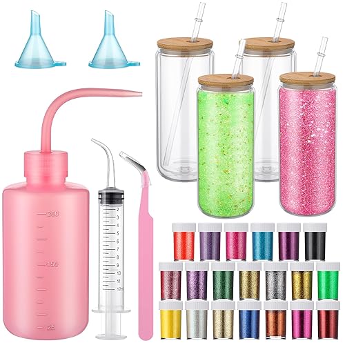 Zhehao 4 Pack Snow Globe Tumbler Supplies with 20 Colors Glitters 16oz Pre Drilled Double Wall Globe Cup with Lid and Straw Squeeze Bottle Funnel Tweezer Bent Syringe DIY Snowglobe Tumbler Starter Kit