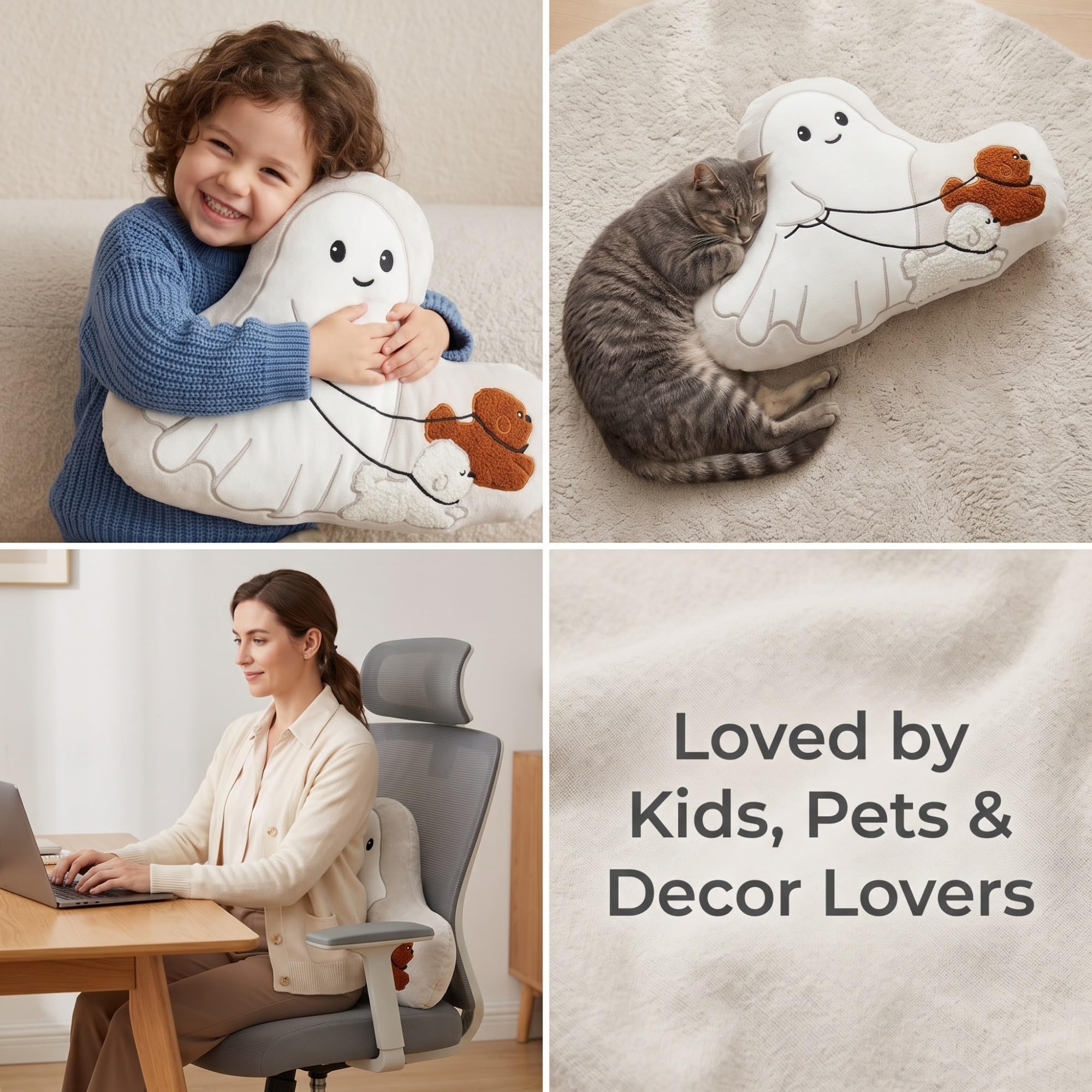 Generisch Niedliches Dekokissen in Geisterform mit wandelnden Hunden | Flauschiges Geisterkissen mit Stickerei und 3D-Plüschwelpen, Herbst-Wohndekoration, weiche Halloween-Wurfkissen Sofa(3pcs)